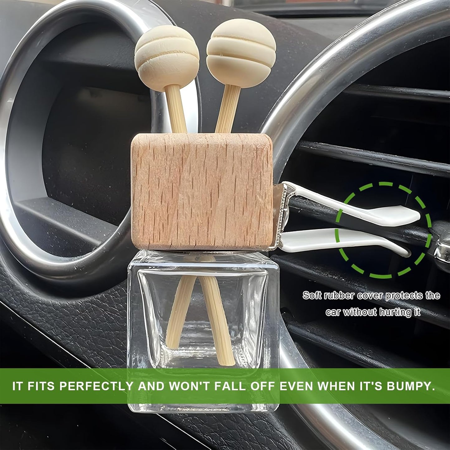 2PCS Car Diffuser Air Freshener Bottle, Refillable Empty Perfume Diffuser Vent Clip with Wooden Cap, Universal Essential Oil Glass Bottle Fragrance Ornament for Most Vehicles