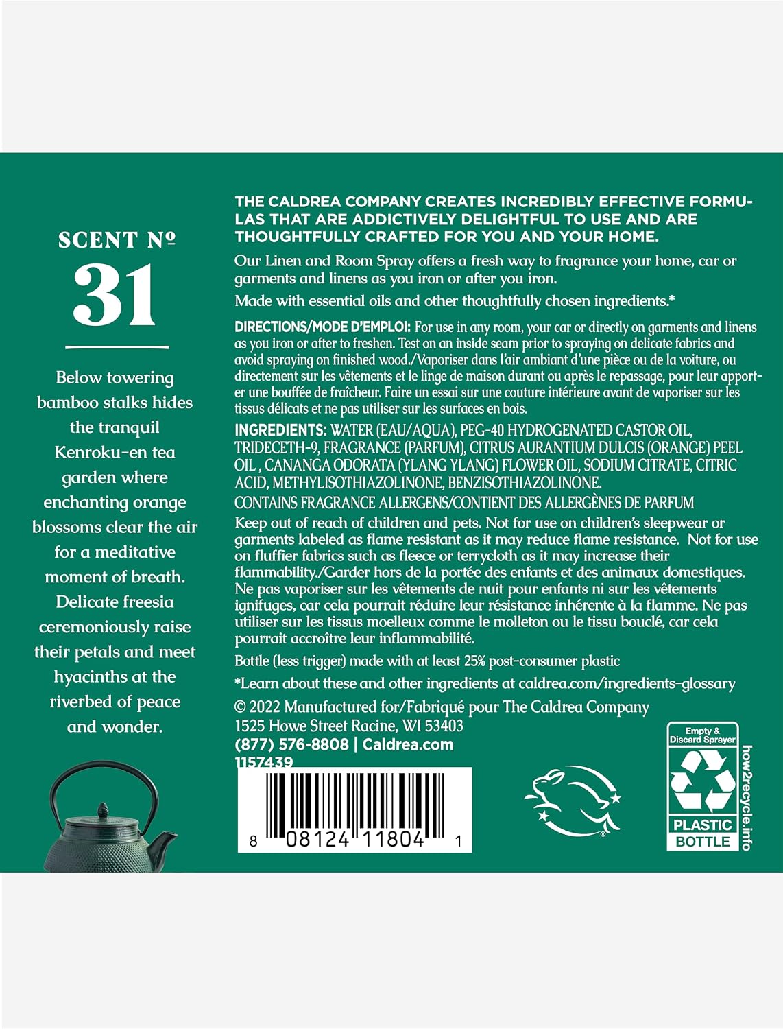 Caldrea Linen and Room Spray Air Freshener, Made with Orange Peel and Ylang Ylang flower Essential Oils, Plant-Derived and Other Thoughtfully Chosen Ingredients, Orange Blossom Bamboo scent,16 oz