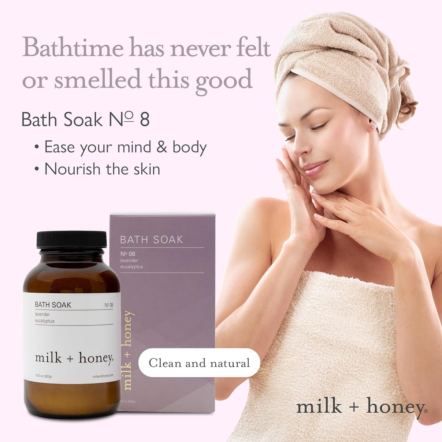 Milk + Honey Calming Bath Soak No. 8 – Moisturizing Epsom Salt with Lavender & Eucalyptus – Relaxing Aromatherapy Soak for Sore Muscles, Dry Skin & Stress Relief – 10 oz