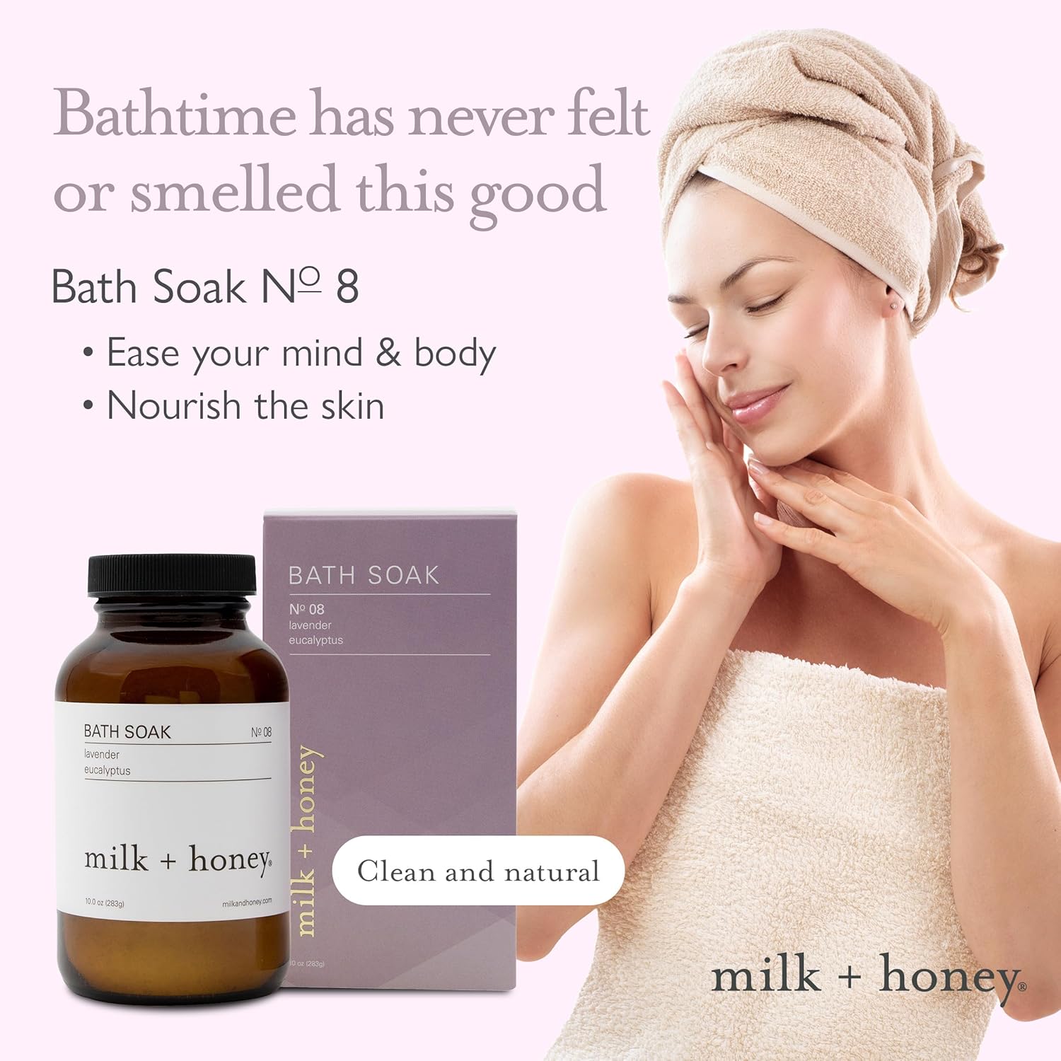 Milk + Honey Calming Bath Soak No. 8 – Moisturizing Epsom Salt with Lavender & Eucalyptus – Relaxing Aromatherapy Soak for Sore Muscles, Dry Skin & Stress Relief – 10 oz