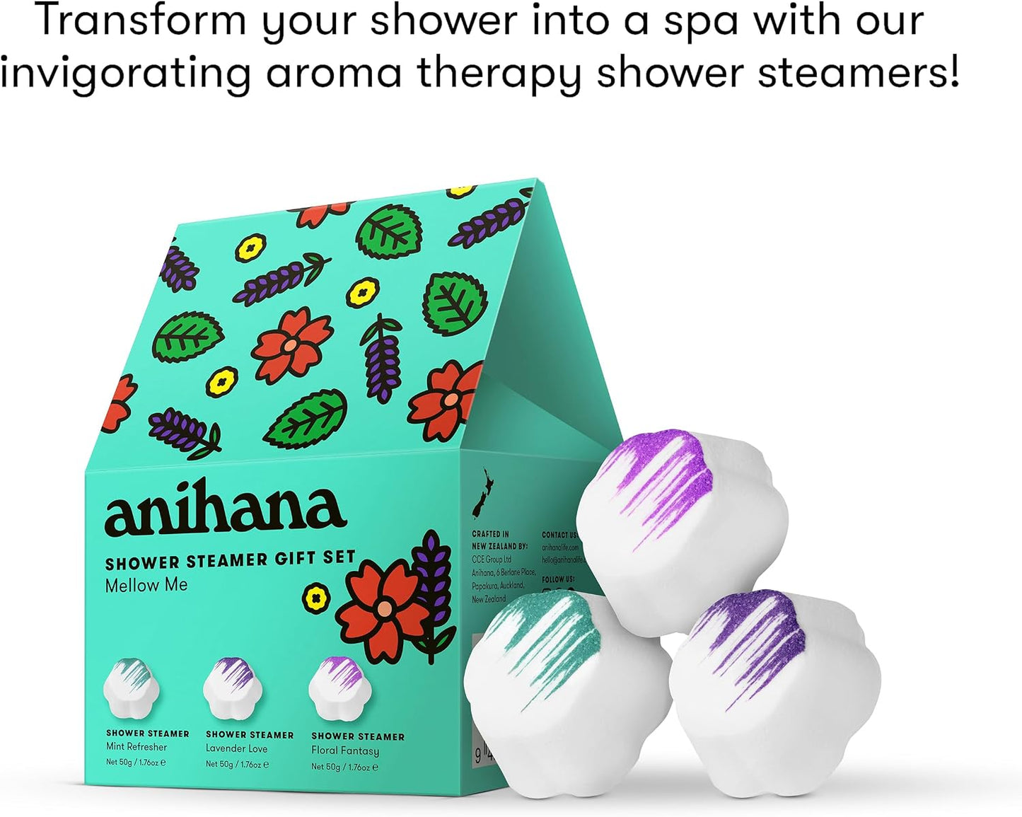ANIHANA Shower Steamers Mellow Me 3 Pack Gift Set with Essential Oils, Paraben Free, Mint Refresher, Lavender Love, Floral Fantasy, 1.76 oz Each
