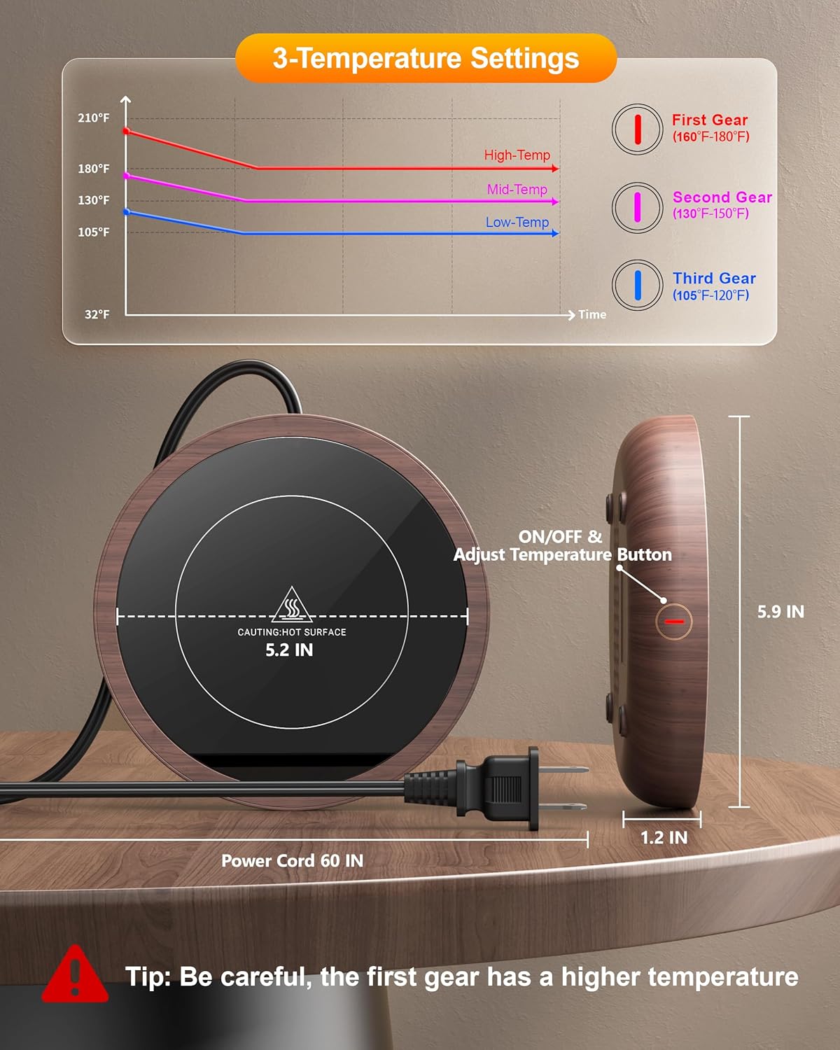 SWEETFULL Coffee Mug Warmer, 36W Electric Cup Warmer for Desk with 3-Temp Settings Advanced Temperature-Controlled Heating Coffee Gifts Accessories for Women Men Milk, Tea, Candle - Wood