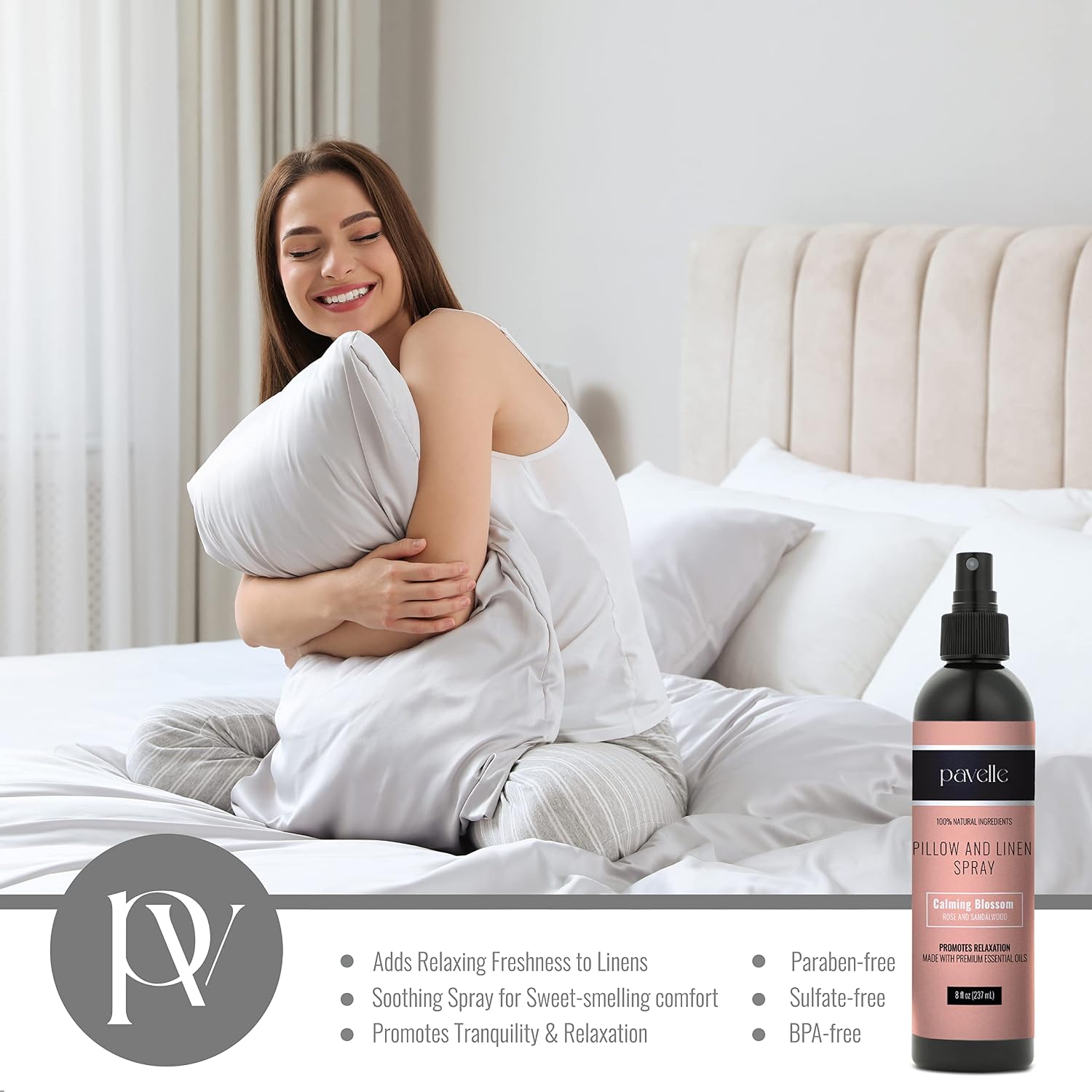 Pavelle Pillow & Linen Spray Relaxing Aromatherapy Room Refresher & Mist for Sheets & Bedding Natural Essential Oils for Deep Sleep, Stress & Anxiety Made in the USA 8 Fl Oz, Calming Blossom