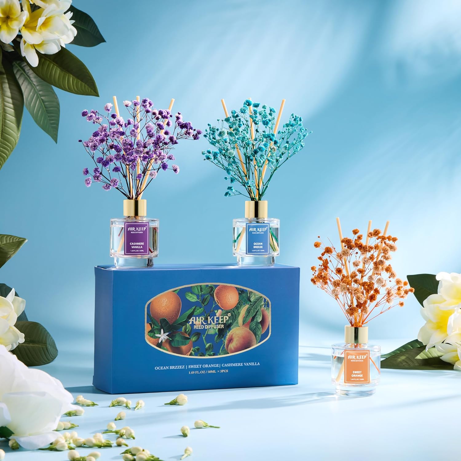 Airkeep Reed Diffuser Set of 3, Ocean Breeze Sweet Orange Cashmere Vanilla Oil Reed Diffusers for Bedroom Living Room Office Aromatherapy Oil Reed Diffuser for Gift 50ml x 3
