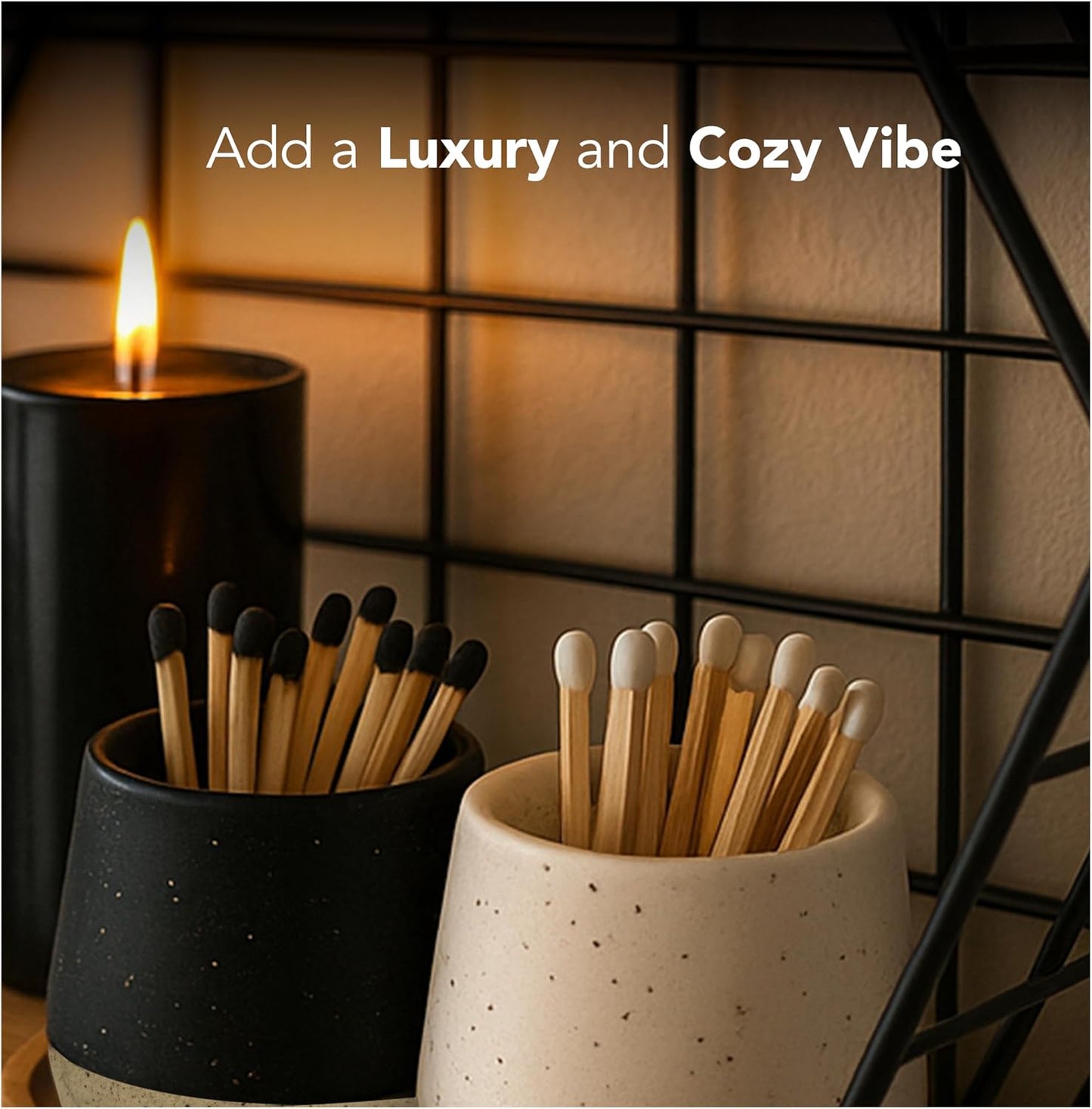 Set of 2 Ceramic Match Holders with Built-in Strikers and Wooden Tray - Modern Decorative Jar for Matches - Stylish Storage for Candles, Fireplaces, Jewelry *Matches not included*