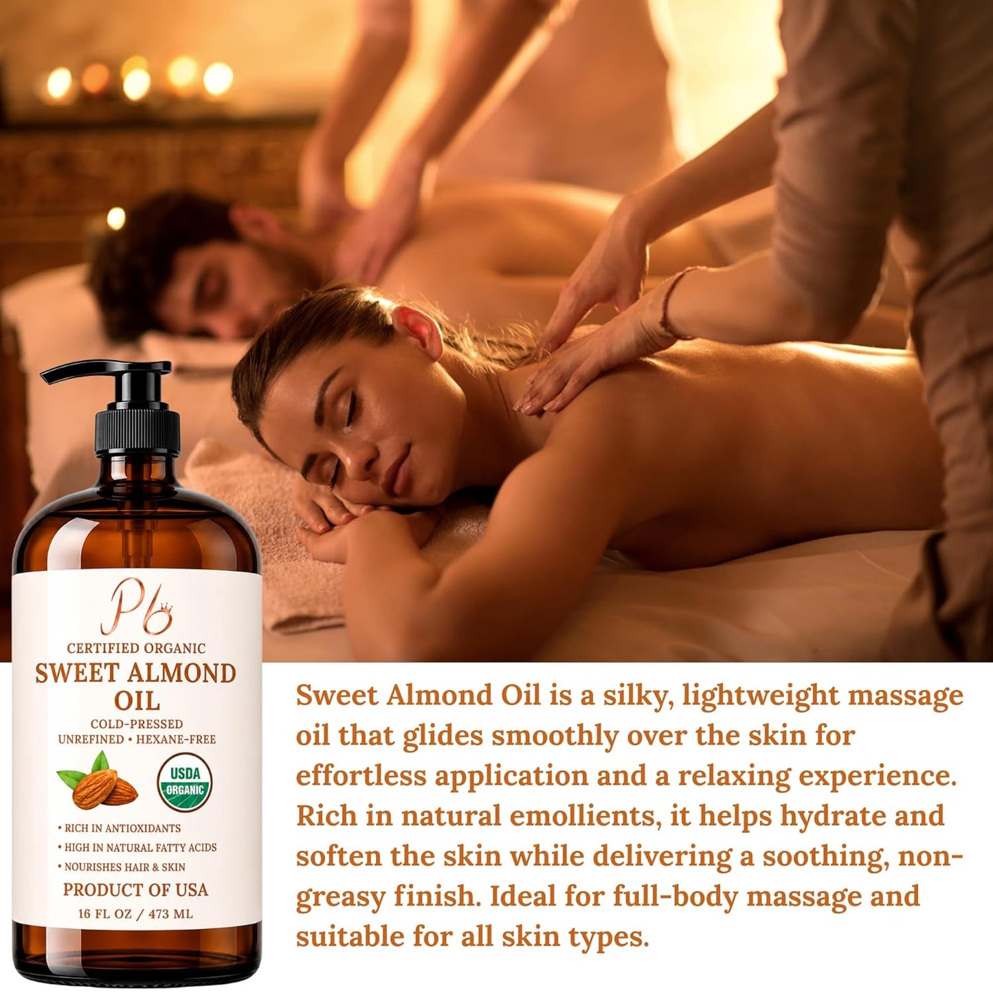 Pomberries Almond Oil 16 fl oz, USDA Organic Cold-Pressed Sweet Almond Oil for Skin, Hair & Body, Premium Organic Carrier Oil in Glass Bottle with Pump, Non-Greasy, Unscented, Hexane-Free