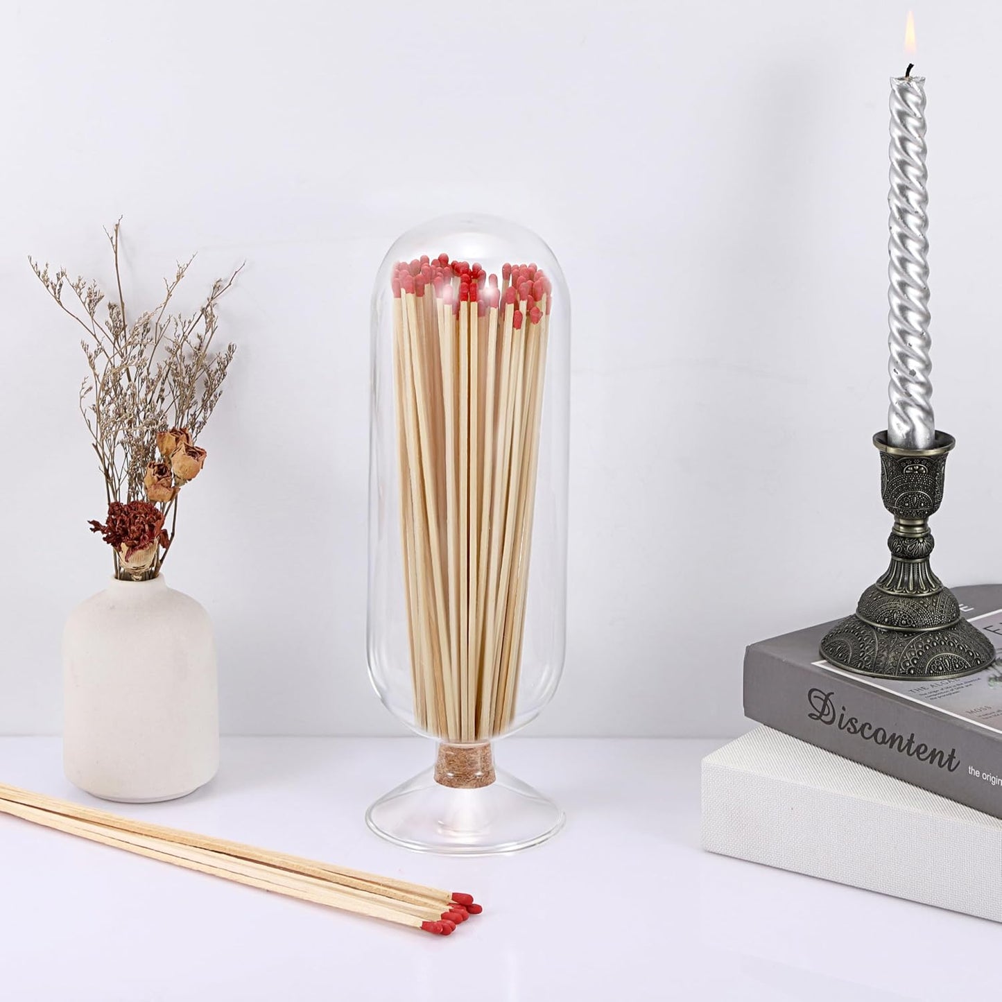 OwnMy 8 Inch Glass Match Cloche Decorative Glass Match Holder Jar with Cork Stopper, Clear Glass Matches Box Matchstick Holder Organizer for Home Bathroom Fireplace Candle Use (NOT Includes Matches)