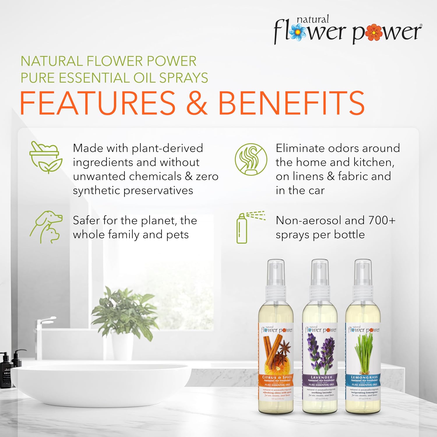 Natural Flower Power Air Freshener Spray - Odor Eliminator with Essential Oils for Home, Car & Fabric - Cruelty Free & Vegan - Variety Pack - Citrus & Spice + Lavender + Lemongrass - 3 x 4 fl oz