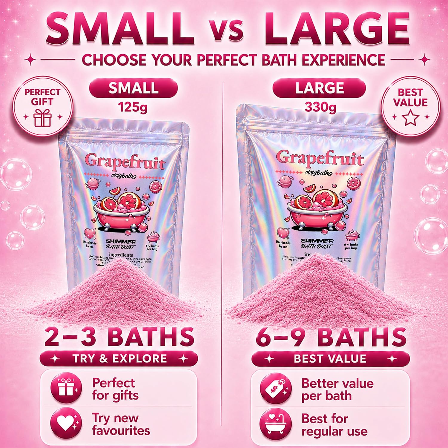 Pink Grapefruit Shimmer Bath Bomb in A Bag - Handmade Essential Oil Scented Bath Bombs for Women,Kids and Men - Bulk Bathbomb Fizzies Perfect for Boys and Girls All Ages (Small, Pink)