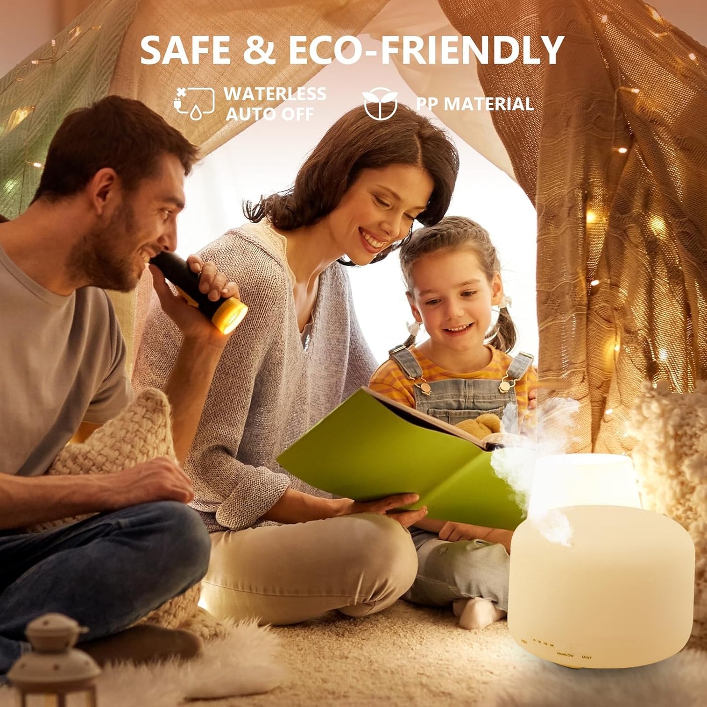 Oil Diffuser, 500ml Essential Oil Diffusers, Aromatherapy Diffuser with 2 Mist Mode 4 Timers＆7 Ambient Light Waterless Auto Off, Diffusers Large Room Home Office