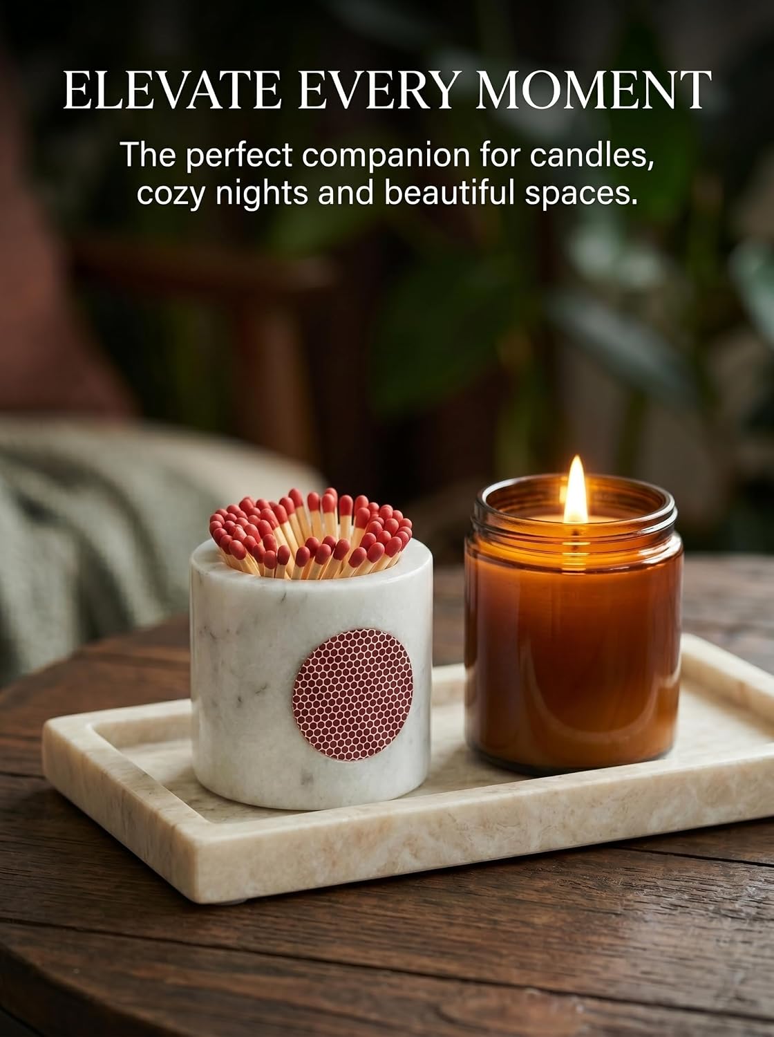 Marble Match Holder with Striker, Set of 2 – White Matchstick Holder with Side Striker, Decorative Matches Jar for Fireplace, Candle, Bathroom Decor, Housewarming Gift (Matches Not Included)