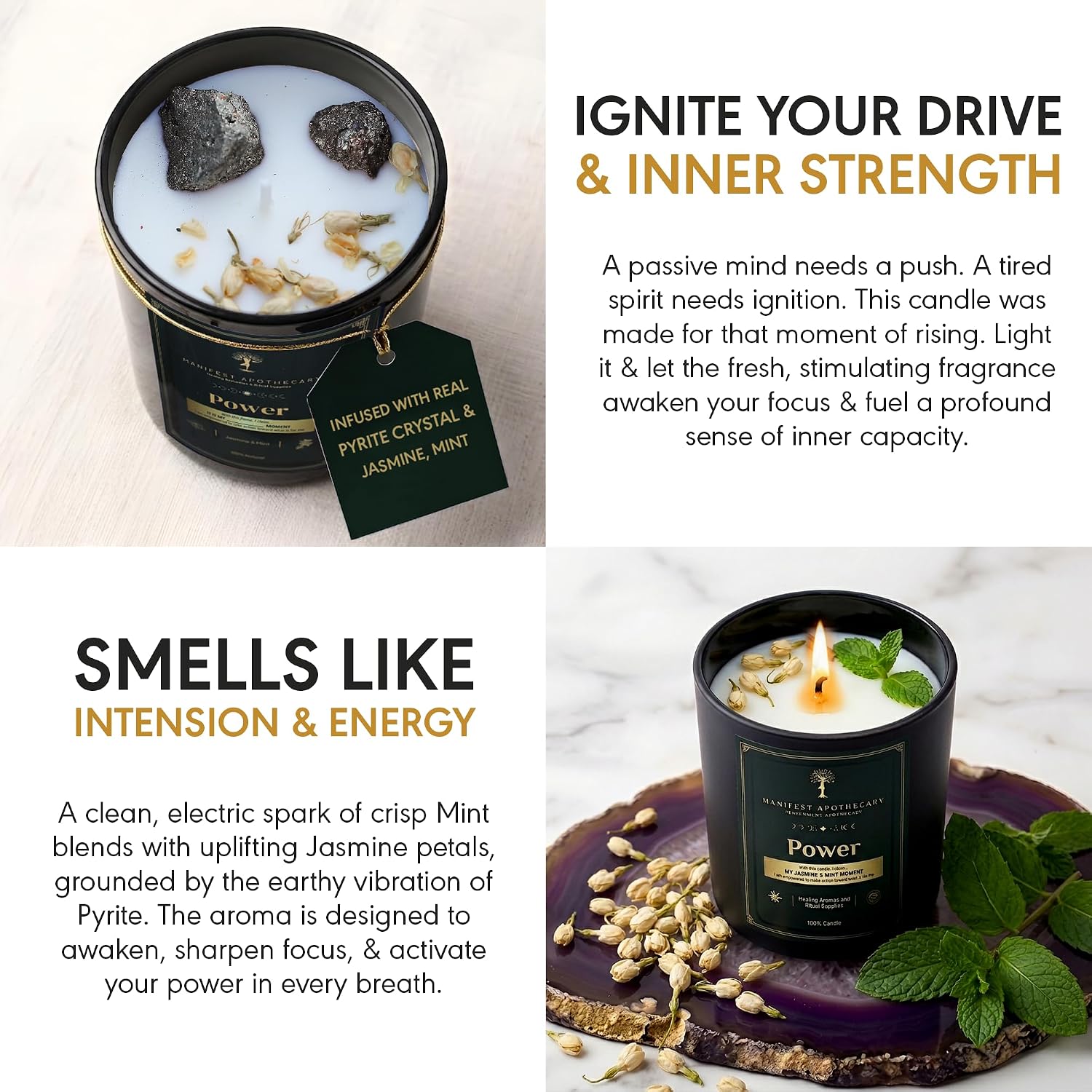Aromatherapy Scented Candle for Confidence & Motivation – Hand-Poured Soy Candle Infused with Jasmine, Mint & Pyrite Crystals – 10.5 Oz & 50 Hrs Burn Time – Ideal Birthday Gift