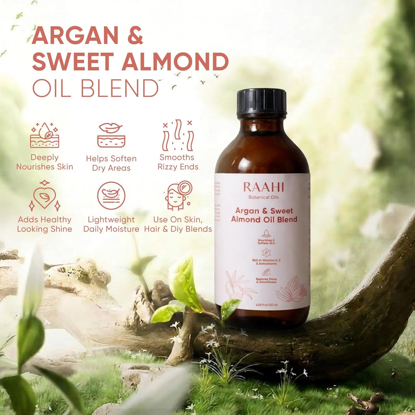 RAAHI Argan Oil and Sweet Almond Oil Blend for Hair and Skin, 4.05 fl oz / 120 ml, Lightweight Non Greasy Moisturizer for Face, Body, Scalp and Hair