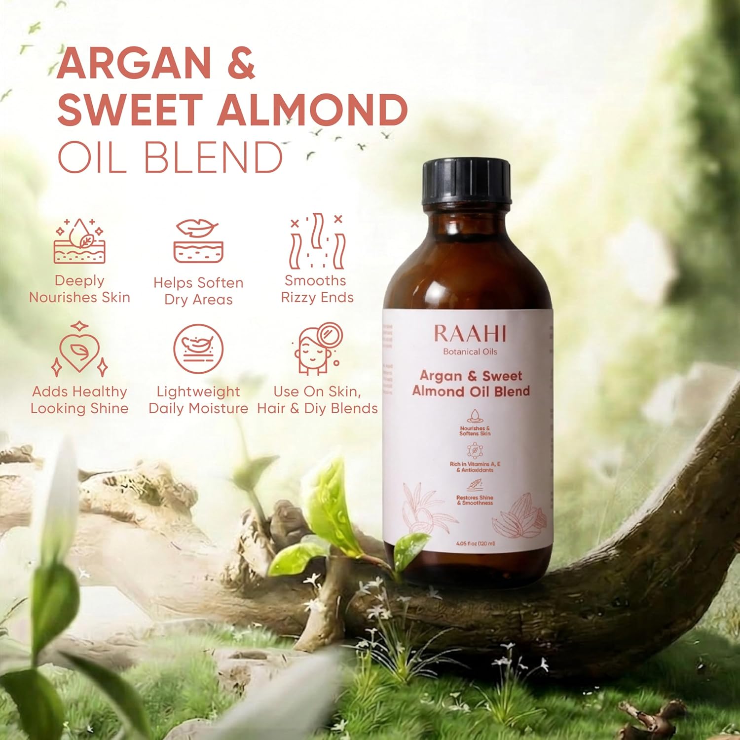 RAAHI Argan Oil and Sweet Almond Oil Blend for Hair and Skin, 4.05 fl oz / 120 ml, Lightweight Non Greasy Moisturizer for Face, Body, Scalp and Hair