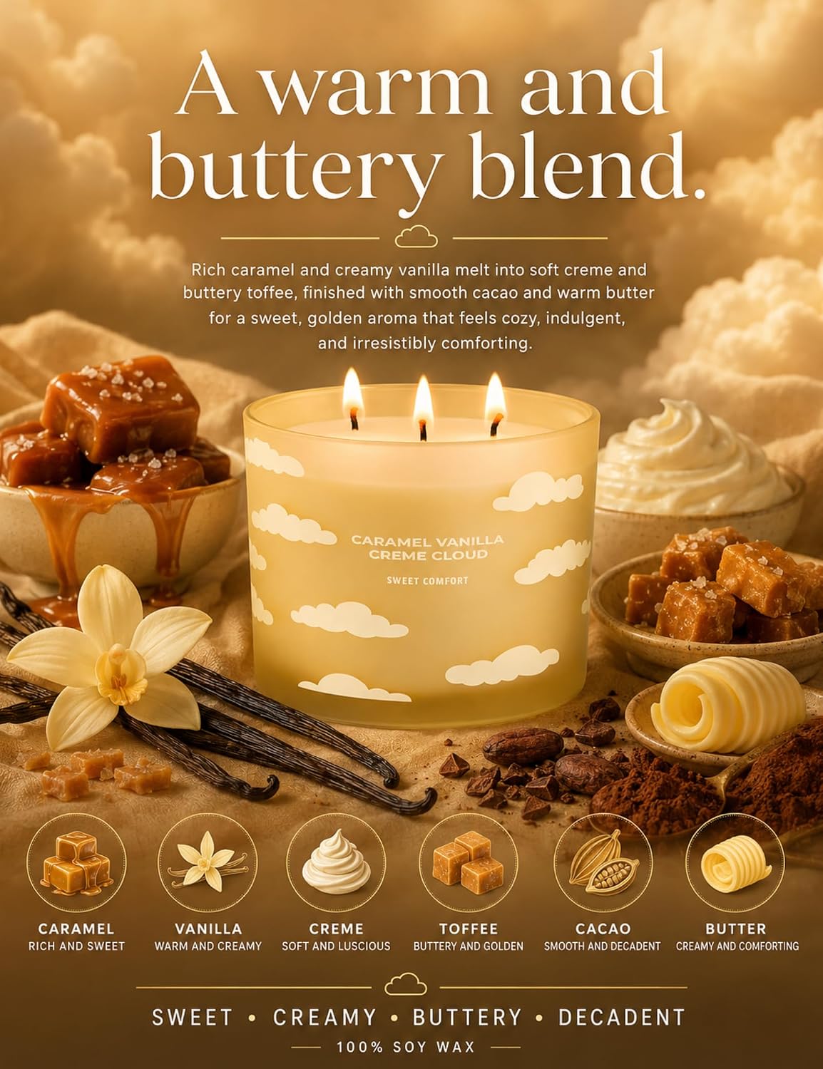 Caramel Vanilla Creme Scented Candle | Large 3 Wick Scented Soy Candle for Home | 14.5oz Warm Vanilla Caramel Candle | Creme Brulee Toffee Candles | Long Lasting Clean Burn | Gift for Women & Men