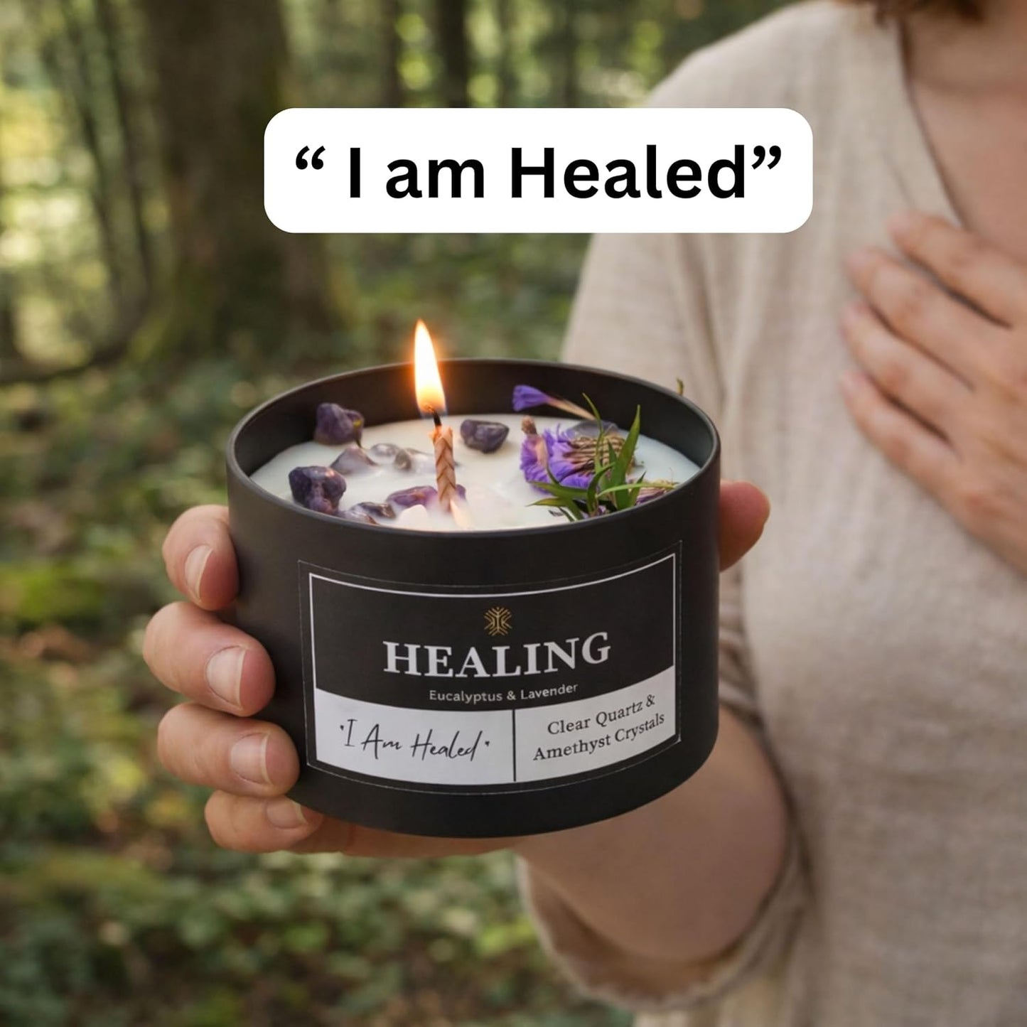 Healing Crystals Candle for Meditation & Room Decor, 8oz, Aromatherapy Candle with Clear Quartz and Amethyst, Eucalyptus & Lavender Essential Oil Scented Candles, Non Toxic Candles for Stress Relief