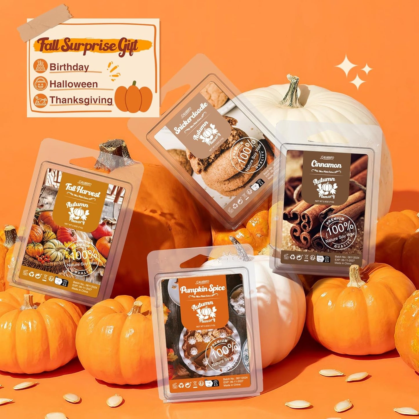 Salubrito Fall Scented Wax Melts, Strong Scented Soy Wax Cubes/Tarts Variety Set- Pumpkin Spice, Cinnamon, Spiced Cider, Snickerdoodle, Balsam Pine, Candy Corn, Fall Harvest, Apple Pie, 8x2.5oz