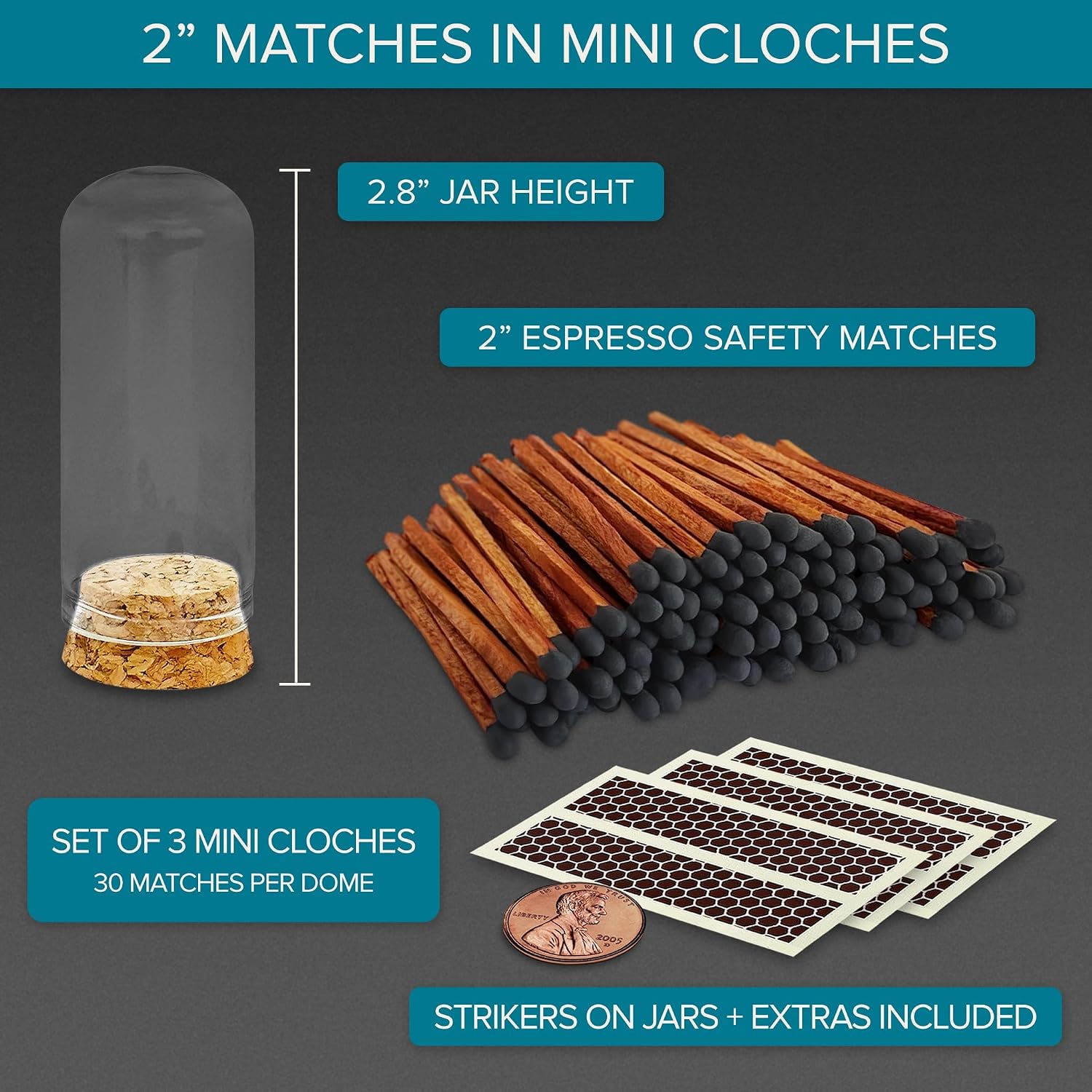 2" Espresso Matches in 3 Mini Cloche Jars + Striker Stickers Included | 100 Brown Stick Black Tip Decorative Matches with Glass Holders | Gifts, Home Decor, & Candle Accessories by Thankful Greetings