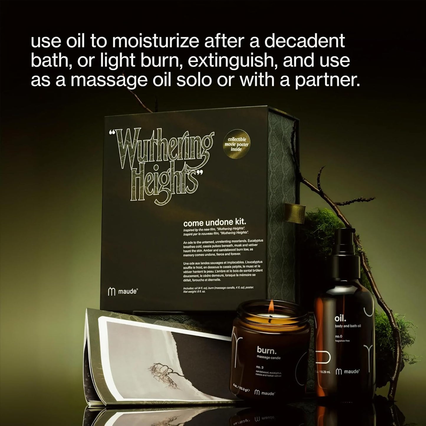 Maude x "WUTHERING HEIGHTS" Come Undone Kit - Limited Edition Two Piece Body Care Gift Set - Fragrance-Free Moisturizing Body Oil & Massage Candle Scented with Eucalyptus & Sandalwood