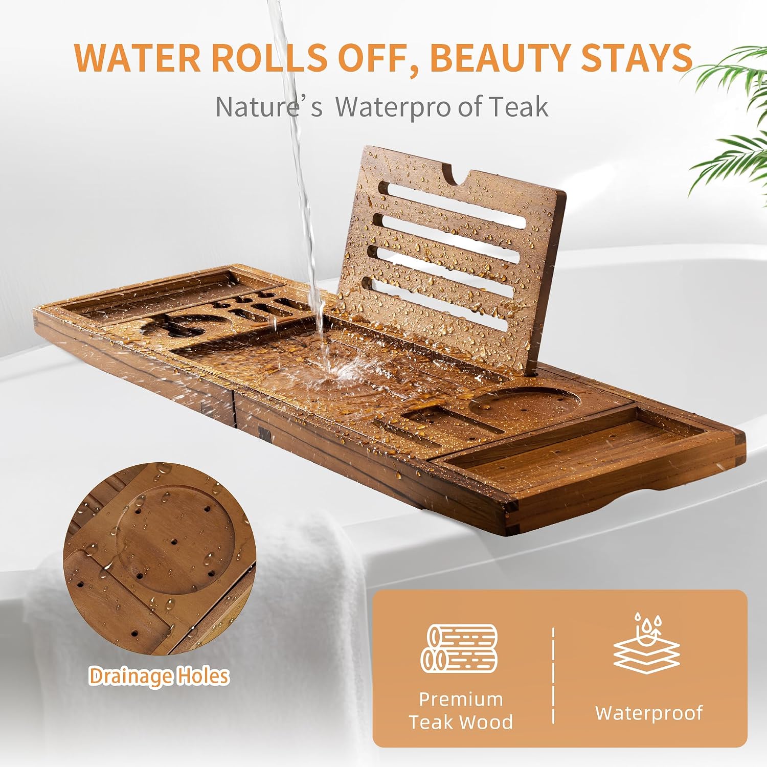 Luxury Teak Bathtub Tray - Foldable Bath Caddy with Expandable Handles, Wine Glass & Phone Holder, Book Stand - Enhance Home Spa Experience with Natural Material - Relaxing & Reading, Teak