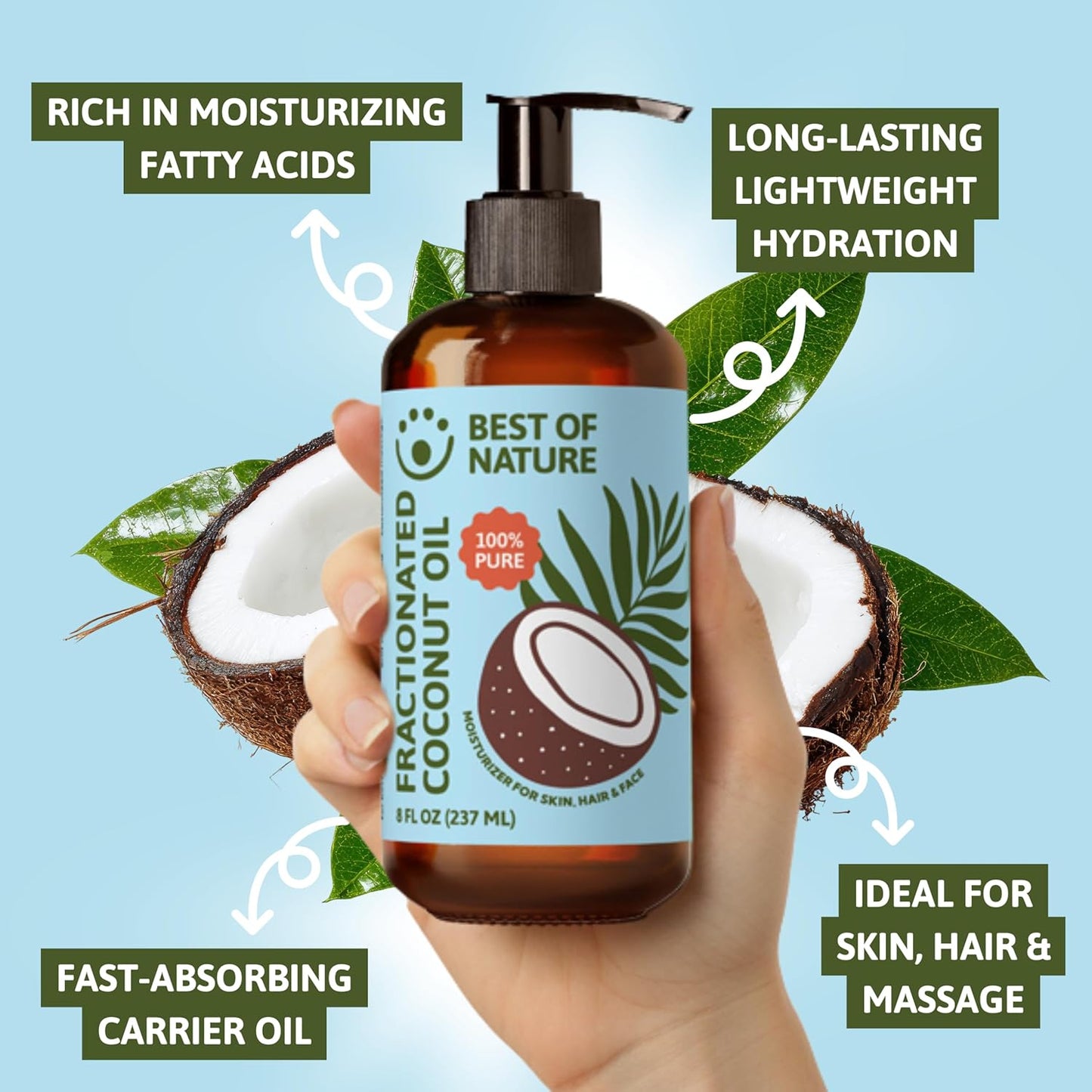 Best of Nature 100% Pure Fractionated Coconut Oil - Natural Massage Oil, Unscented Moisturizer for Men and Women, for Skincare and Hair Care, Carrier for Essential Oils, Gallon (128 fl oz)