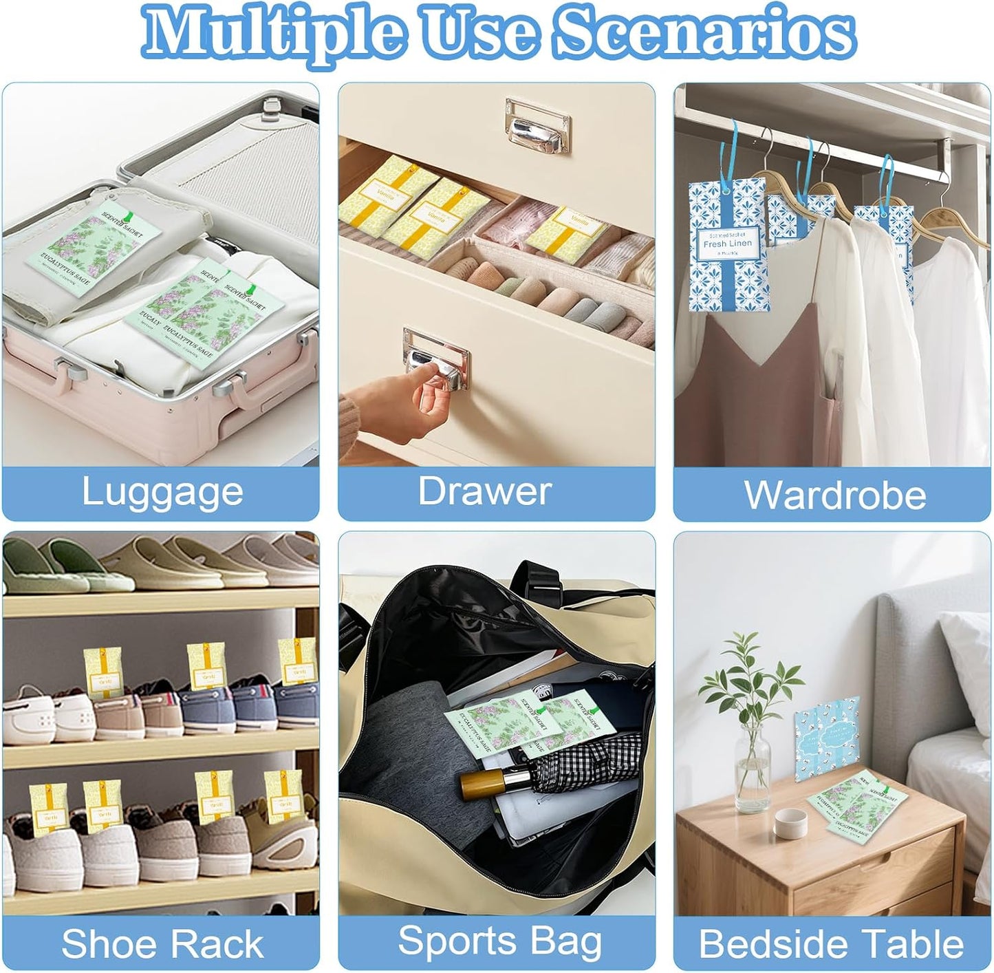 STRN Scented Sachets for Drawer and Closet, 16 Packs 4 Scents Fresh Linen, Eucalyptus Sage, Cotton, Vanilla, Long-Lasting Sachets for Home Fragrance, Small Space Air Freshener for Wardrobes