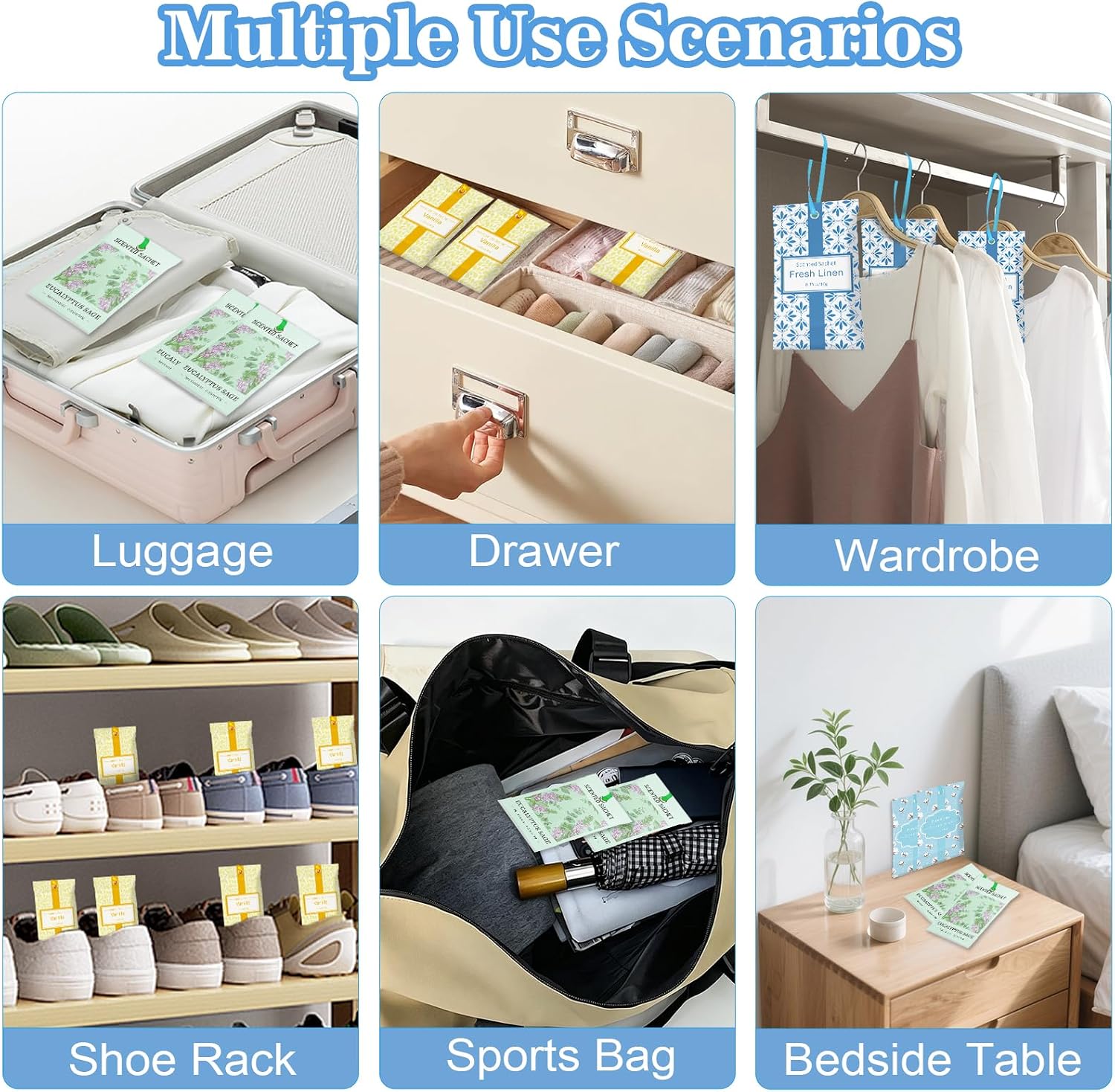 STRN Scented Sachets for Drawer and Closet, 16 Packs 4 Scents Fresh Linen, Eucalyptus Sage, Cotton, Vanilla, Long-Lasting Sachets for Home Fragrance, Small Space Air Freshener for Wardrobes