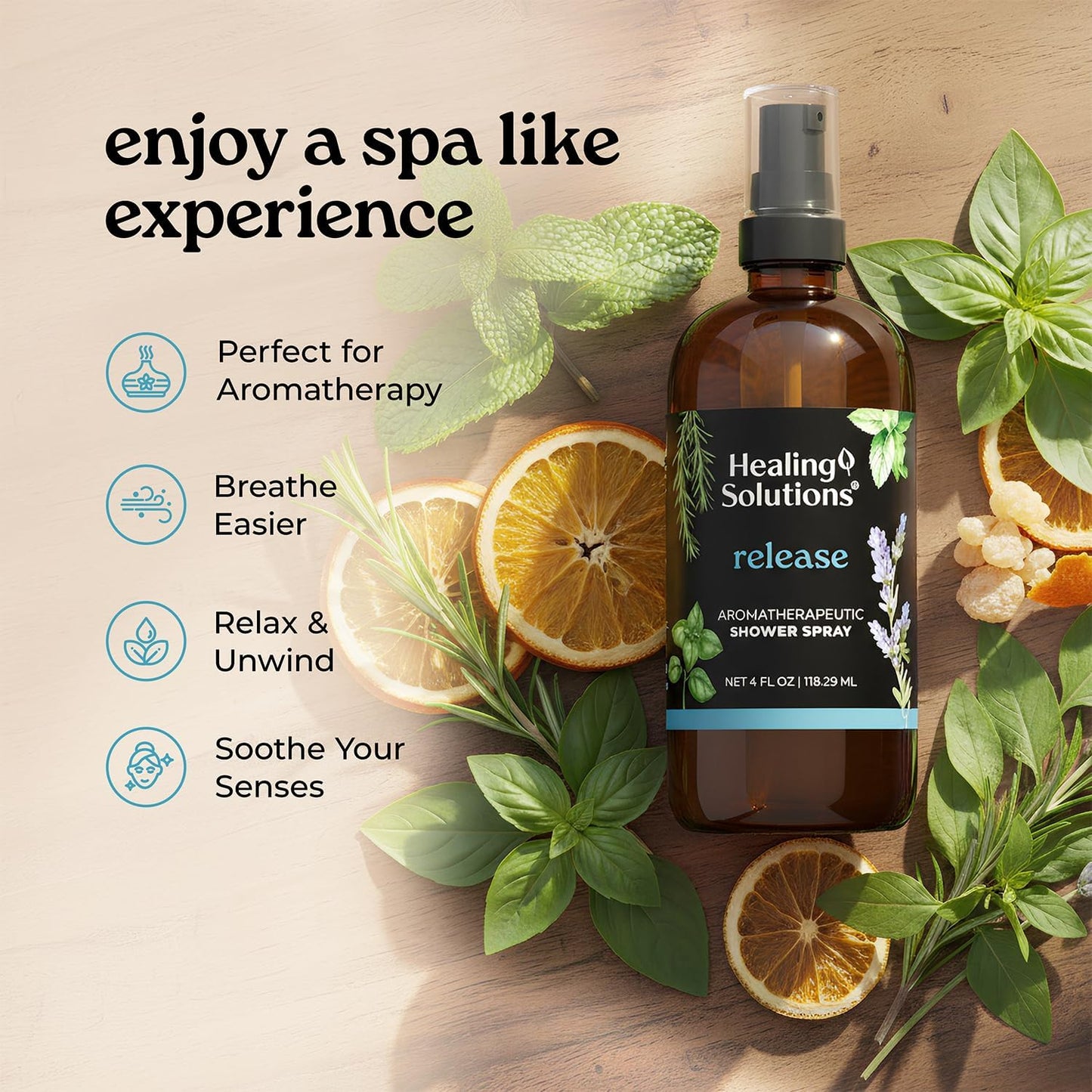 Healing Solutions Aromatherapy Shower Spray, Release Blend, 4oz, Therapeutic Grade Essential Oils, Made in the USA, At Home Spa Experience. Promotes Head Relief (4oz, Release)