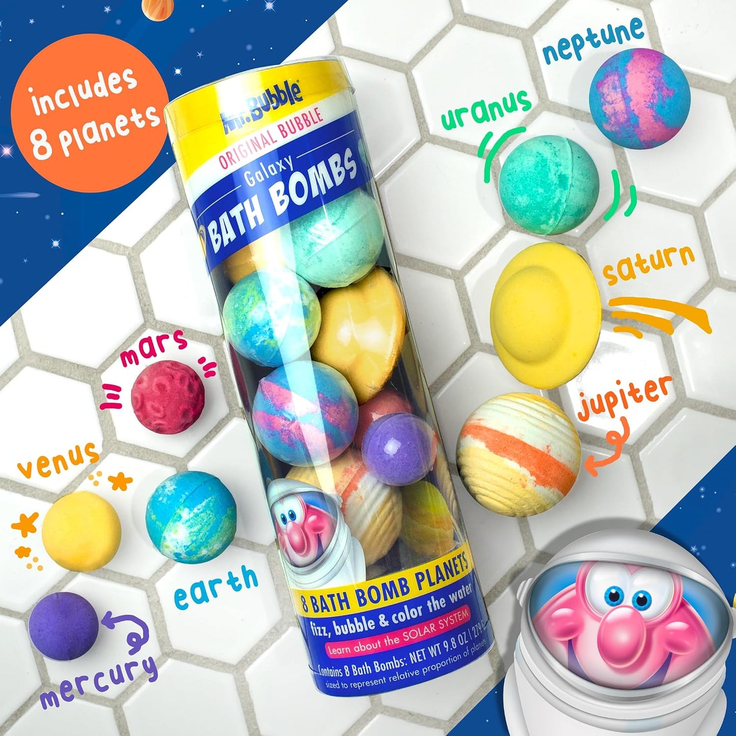 Mr. Bubble Galaxy Bath Bombs, Signature Bubble Gum Scent, Set of 8 Different Bath Bomb Planets