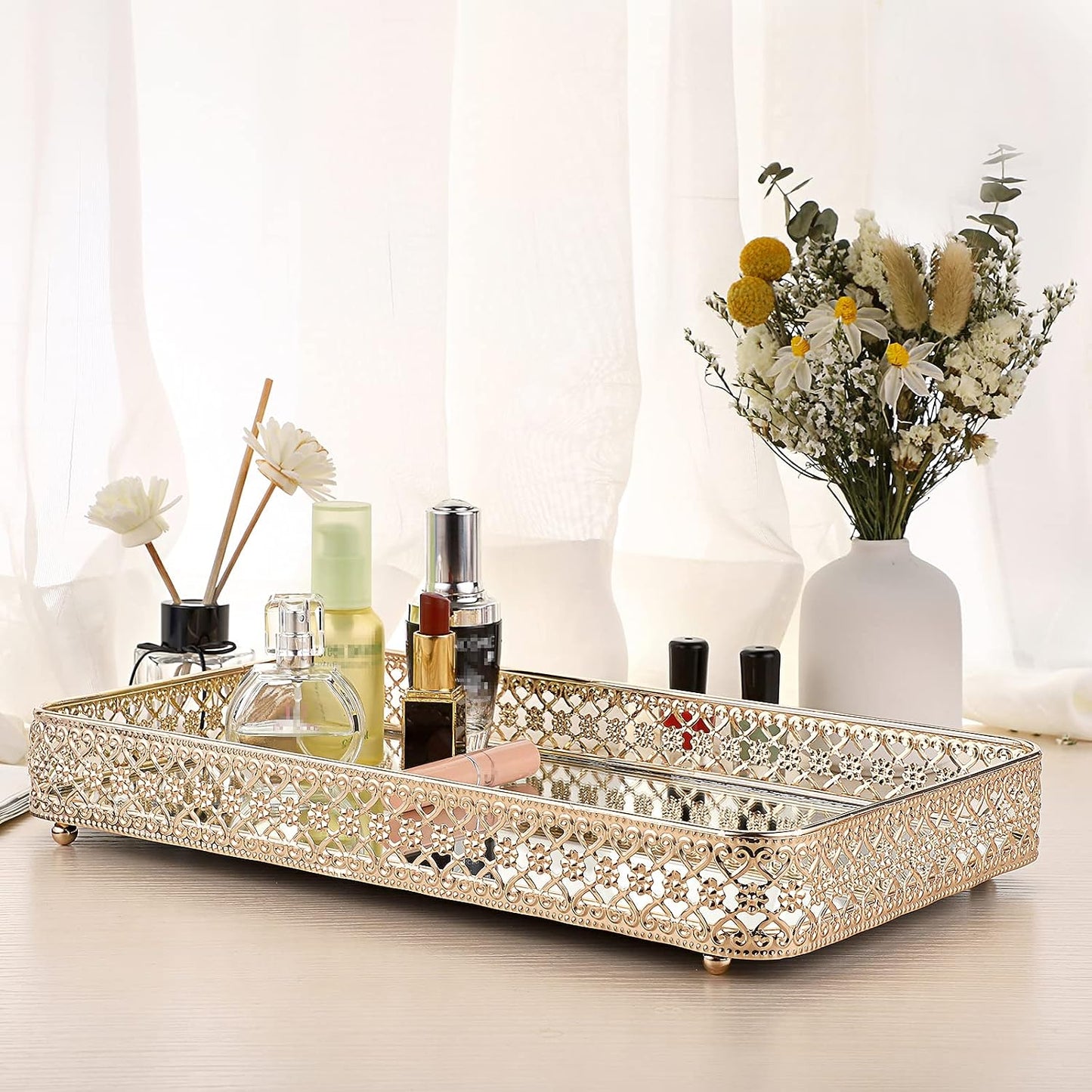 ELLDOO Gold Perfume & Makeup Vanity Tray - Hollow-Carved Jewelry Storage, Glass & Metal Trinket Organizer for Dresser & Bathroom Countertop, Large Size
