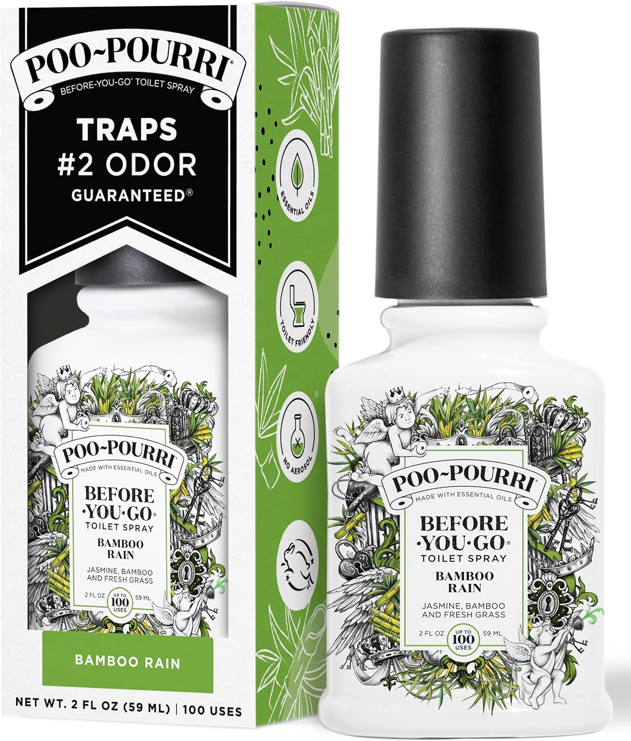 Poo-Pourri Before-You-Go Toilet Spray, Bamboo Rain, 2 Fl Oz, Up to 100 Uses, Bathroom Odor Deodorizer with Essential Oils for Home or Work, Travel Essentials, TSA Approved Size, Bamboo & Fresh Grass