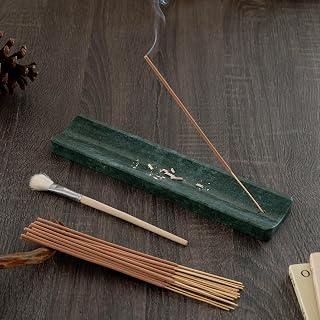 Marble Incense Holder Burner-Natural Stone Stick Incense Tray with Ash Catcher，20 Sticks & Brush - Elegant Decor for Meditation, Yoga, Home,Gift(Green)