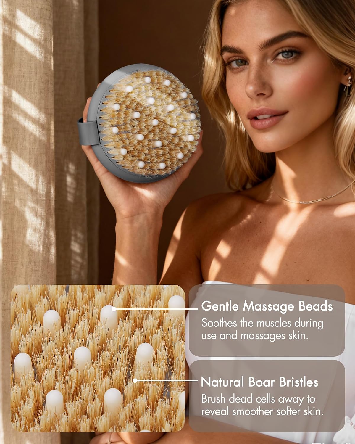 Dry Brushing Body Brush for Massage - Natural Boar Bristle Exfoliating Brush with Massage Nodes for Lymphatic Drainage, Cellulite, Blood Circulation Improving Skin Health for Women Men Elderly(Grey)