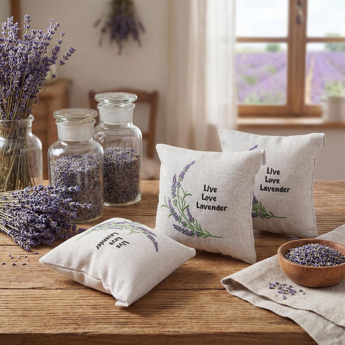 SATINIOR 6 Pack 6 x 6 Inch Embroidered Lavender Sachet Bags Sachet Empty Bags with Hook and Loop Fasteners Cotton Linen Pouch for Filling Spice Jewelry for Wedding(Beige,Novelty)