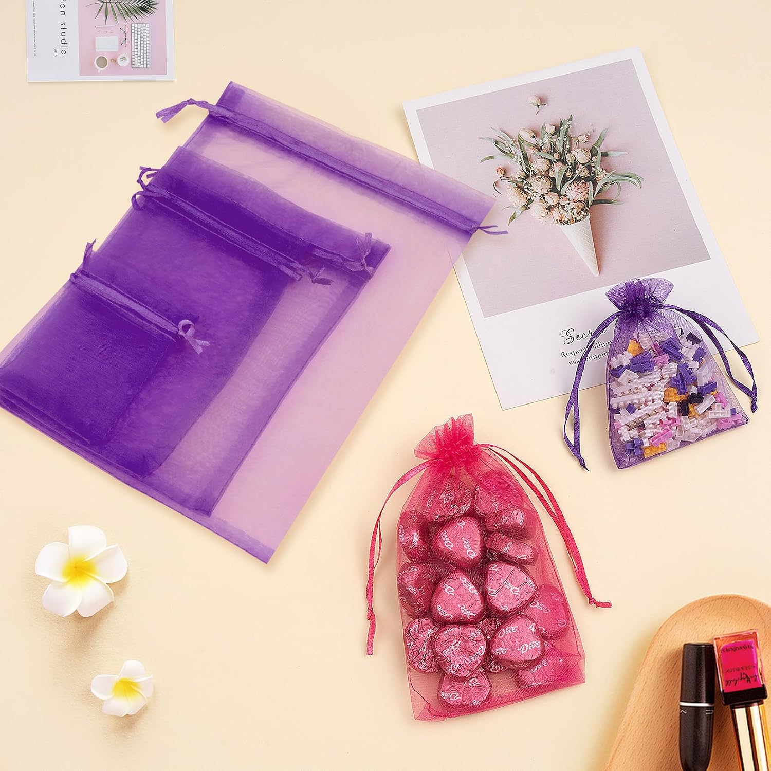 50PCS Purple Organza Bags 4x6, Small Gift Bags Mini Organza Sachet Potpourri Bag Jewelry Bag Drawstring for Birthday Wedding Graduation Treat Party Favors Gifts Wrapping Supplies