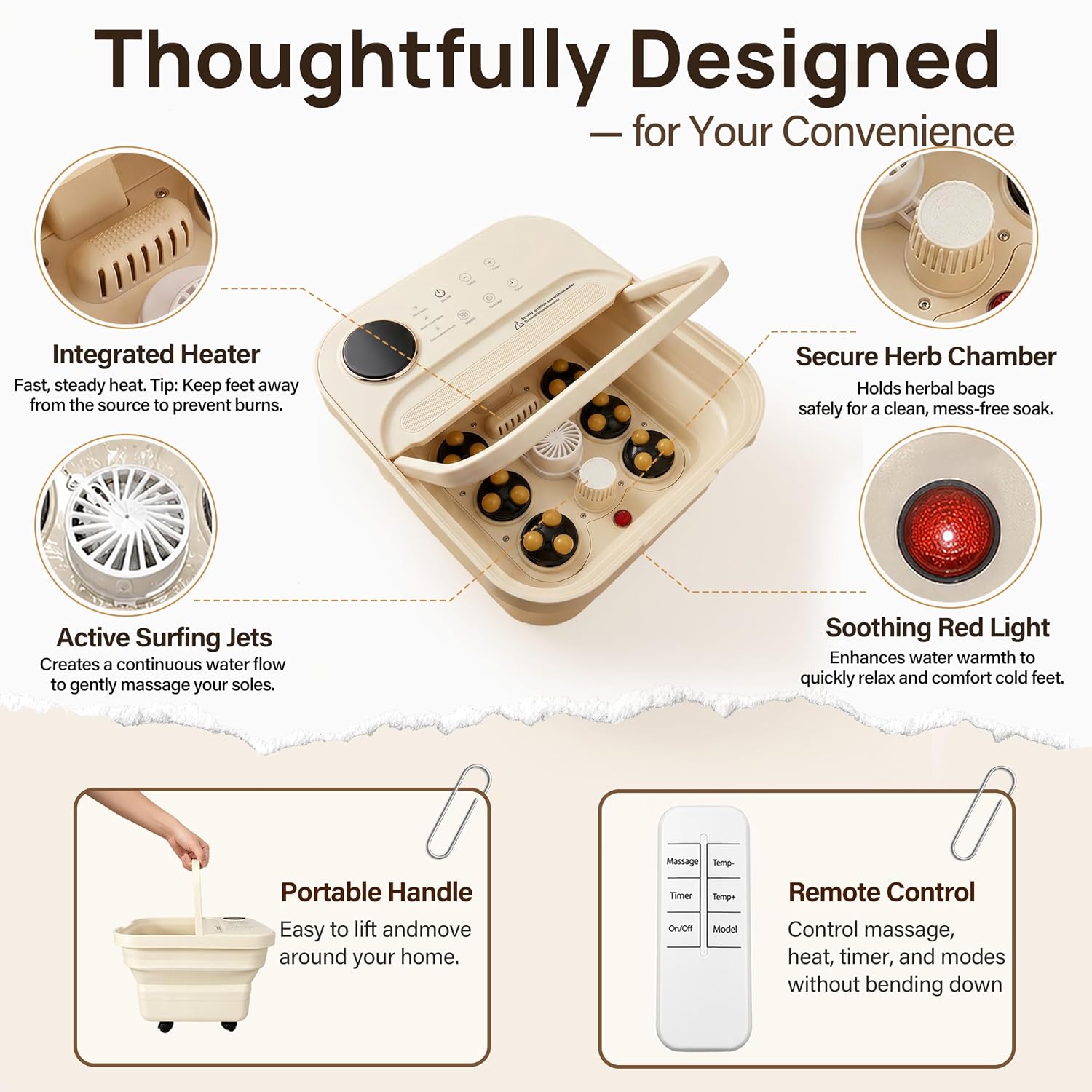Collapsible Foot Spa Bath Massager with Heat&Bubbles,Remote Control Foot Bath with Detachable Rollers,Precise Temp Control,Hidden Handle,Foldable Foot Soaking Tub for Home Pedicure&Stress Relief
