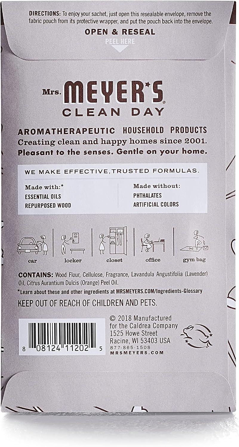 MRS. MEYER'S Clean Day Air Freshener Sachets, Fragrance for Your Locker, Car, Closet, and Gym Bag, Lavender, Pack of 3