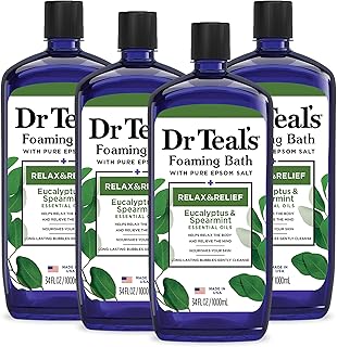 Dr Teal's Foaming Bath with Pure Epsom Salt, Relax & Relief with Eucalyptus & Spearmint, 34 fl oz (Pack of 4)