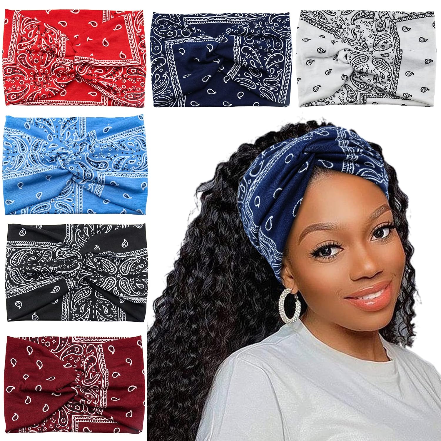 Wide Bandana Headbands for Women Twist Boho Headband Stretchy Turban Head band Head Wraps Yoga Workout Head Bands For Women's Hair,Pack of 6