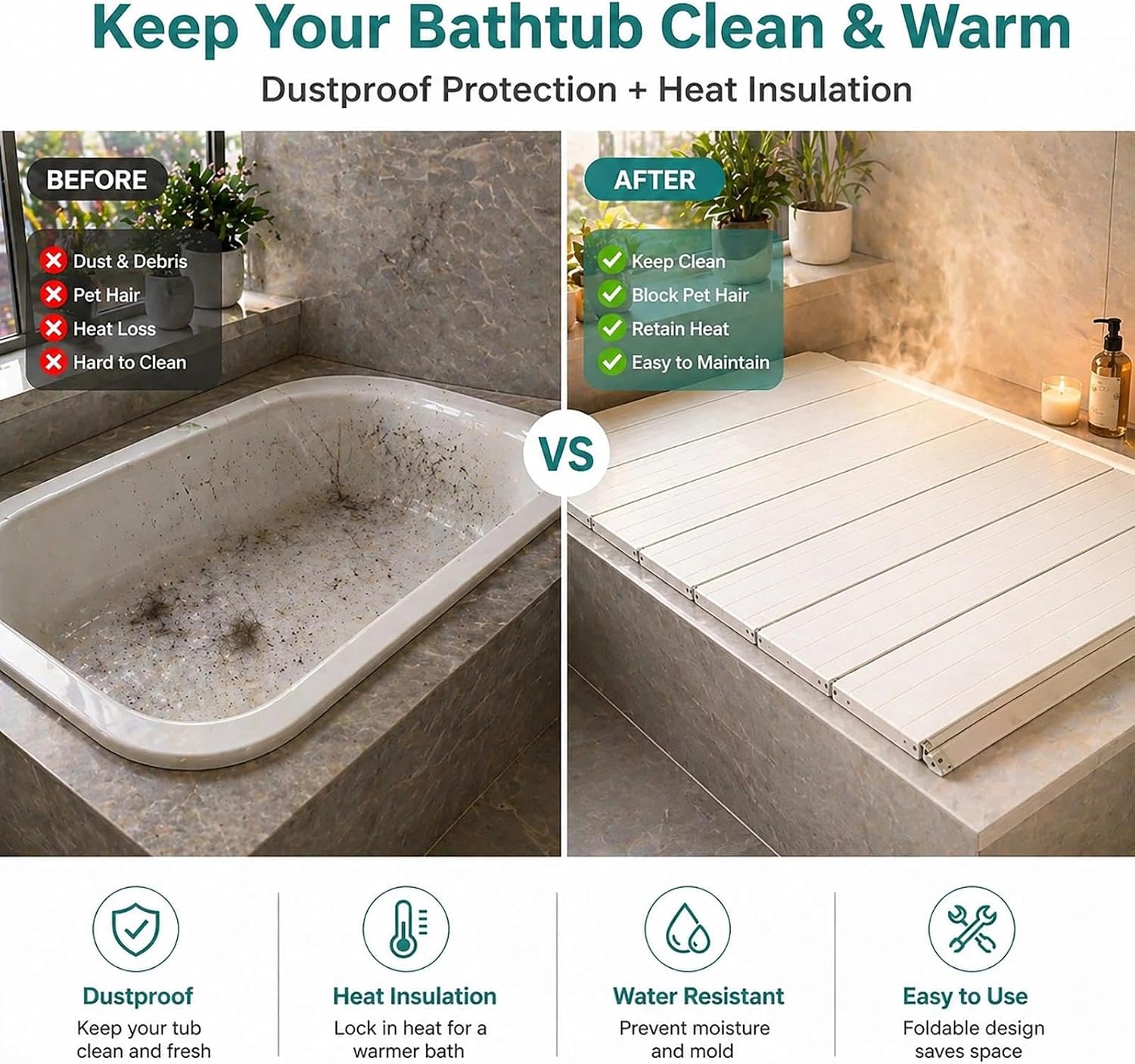 Foldable Bathtub Cover Insulation Board Dustproof Lid PVC Bath Caddy Tray for Soaking Water Temperature Keeper Bathroom Storage Rack Tablet Book Phone Holder(35.4",29.5")
