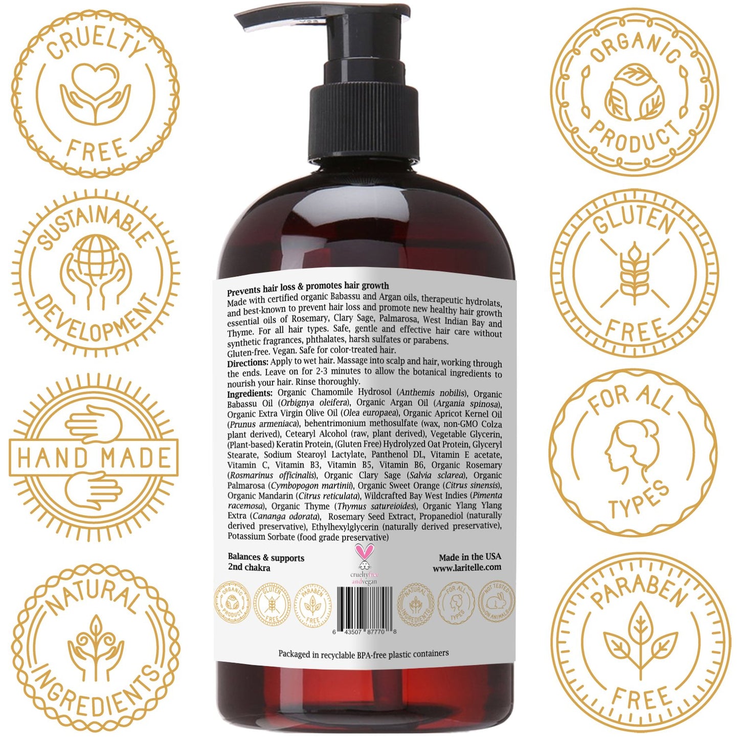 Laritelle Organic Conditioner Sensual Bliss 16 oz | Argan Oil, Babassu, Apricot Kernel & Keratin | Deep Hydration, Anti-Thinning, Sulfate-Free, Vegan