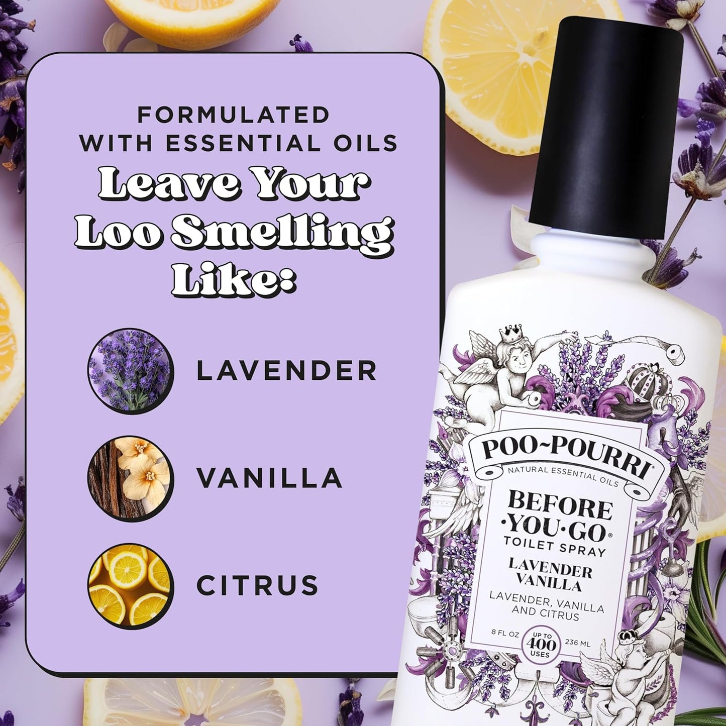 Poo-Pourri Before-You-Go 8oz Air & Toilet Freshener Lavender Vanilla Spray – Instantly Works to Trap Bathroom Odor – Plant Based Ingredients & Essential Oils – with Lavender, Vanilla & Citrus