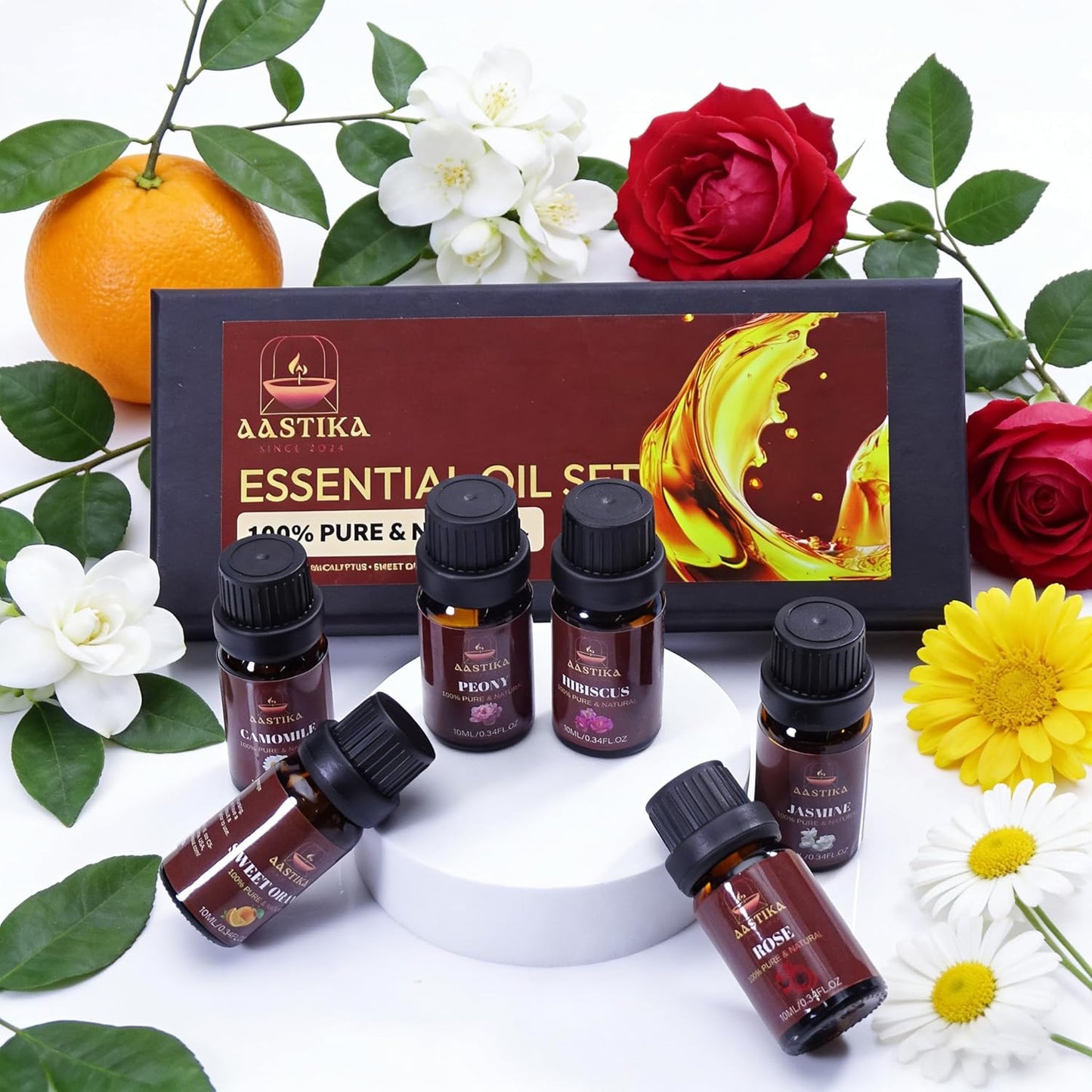 Aastika Flower Essential Oil Set – 100% Pure & Natural, 6X10ml(Rose, Jasmine, Hibiscus, Sweet Orange, Camomile, Peony) Bottle