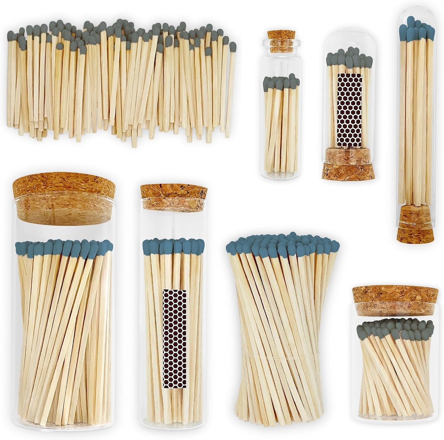 Thankful Greetings 4" Steel Blue Matches in a Jar + Striker Stickers Included | 100 Stylish & Modern Decorative Safety Matches with a Cork Top Glass Holder | Gifts, Home Decor, & Candle Accessories