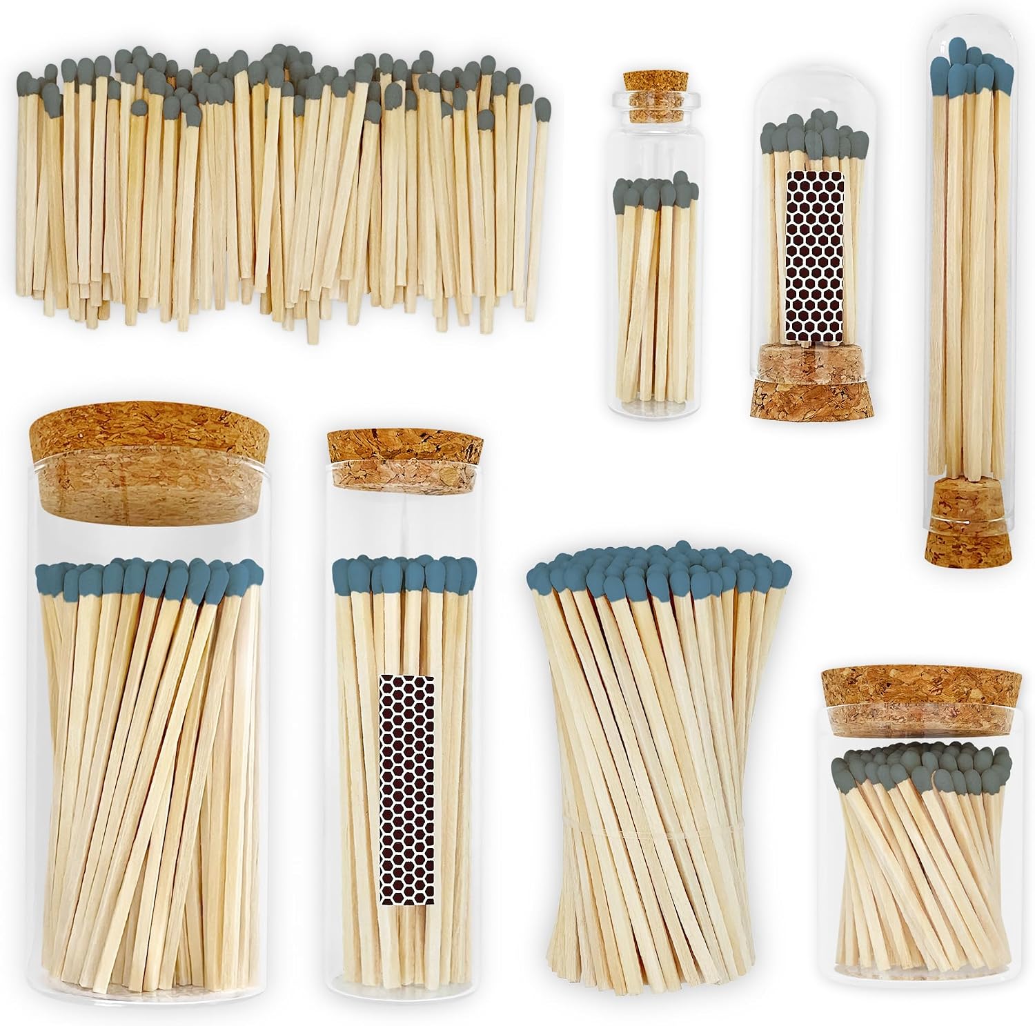 Thankful Greetings 4" Steel Blue Matches in a Jar + Striker Stickers Included | 100 Stylish & Modern Decorative Safety Matches with a Cork Top Glass Holder | Gifts, Home Decor, & Candle Accessories