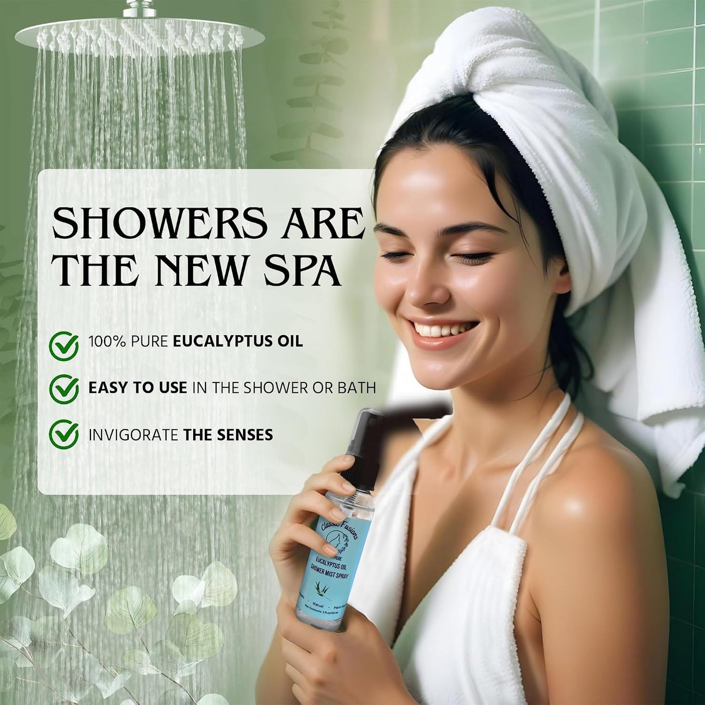 100% Pure Eucalyptus Oil Shower Spray – 2oz Natural Mist for Refreshing Scent, Relaxation & Invigoration – No Harsh Chemicals, Perfect for Shower, Steam Room & Linen Freshener