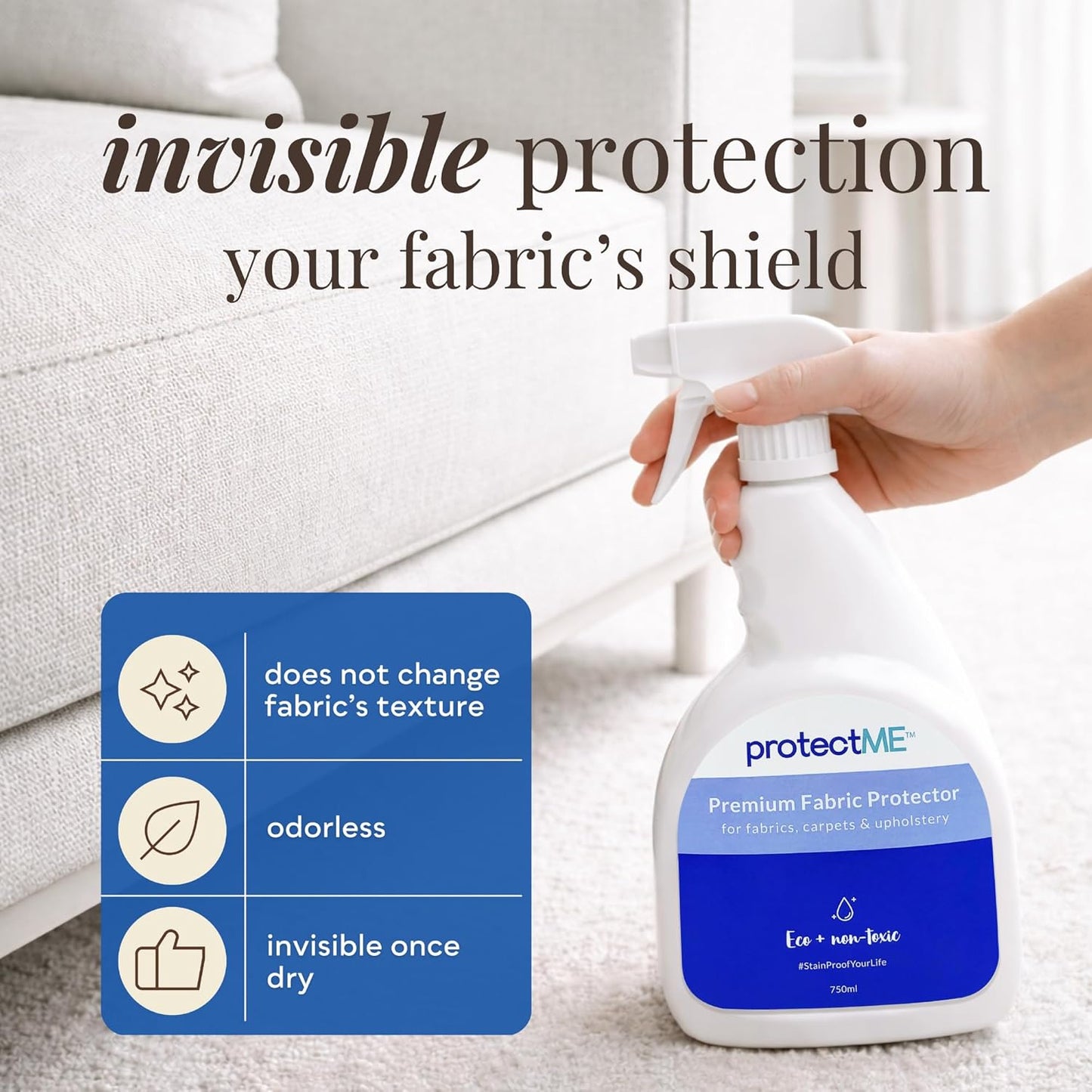 protectME Fabric Protector and Stain Resistant Spray - Upholstery Fabric Spray for Stain Guard for Carpet, Shoes, Couch, Sofa - Non Toxic Water Based Furniture Protector - 25.4 Fl. Oz.