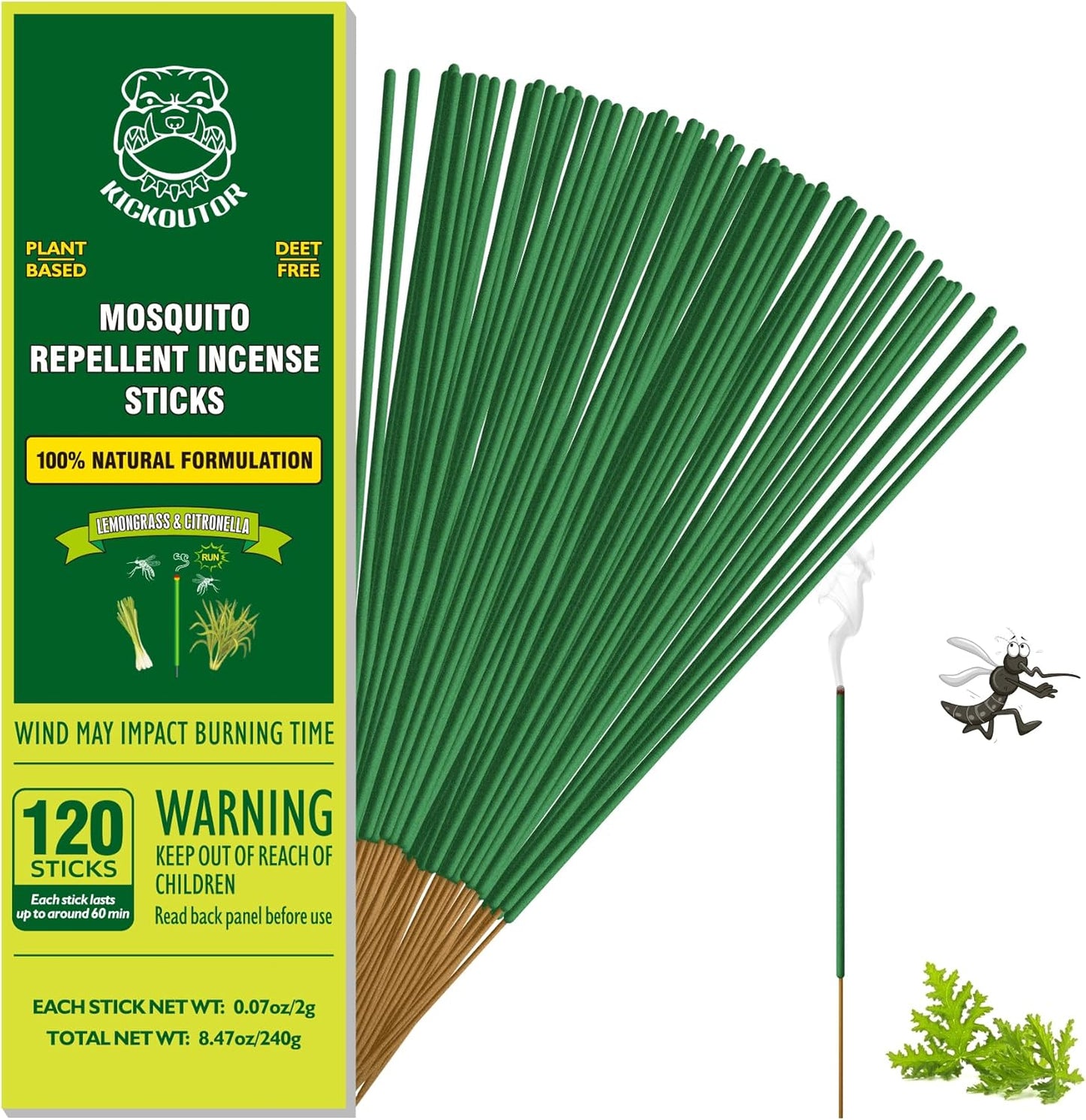 KICKOUTOR Mosquito Repellent Incense Sticks with Natural Citronella Oil, 120 Count DEET-Free Outdoor Protection for Patios, Backyard Gatherings & Camping, Up to 1 Hour Against Gnats & No-See-Ums
