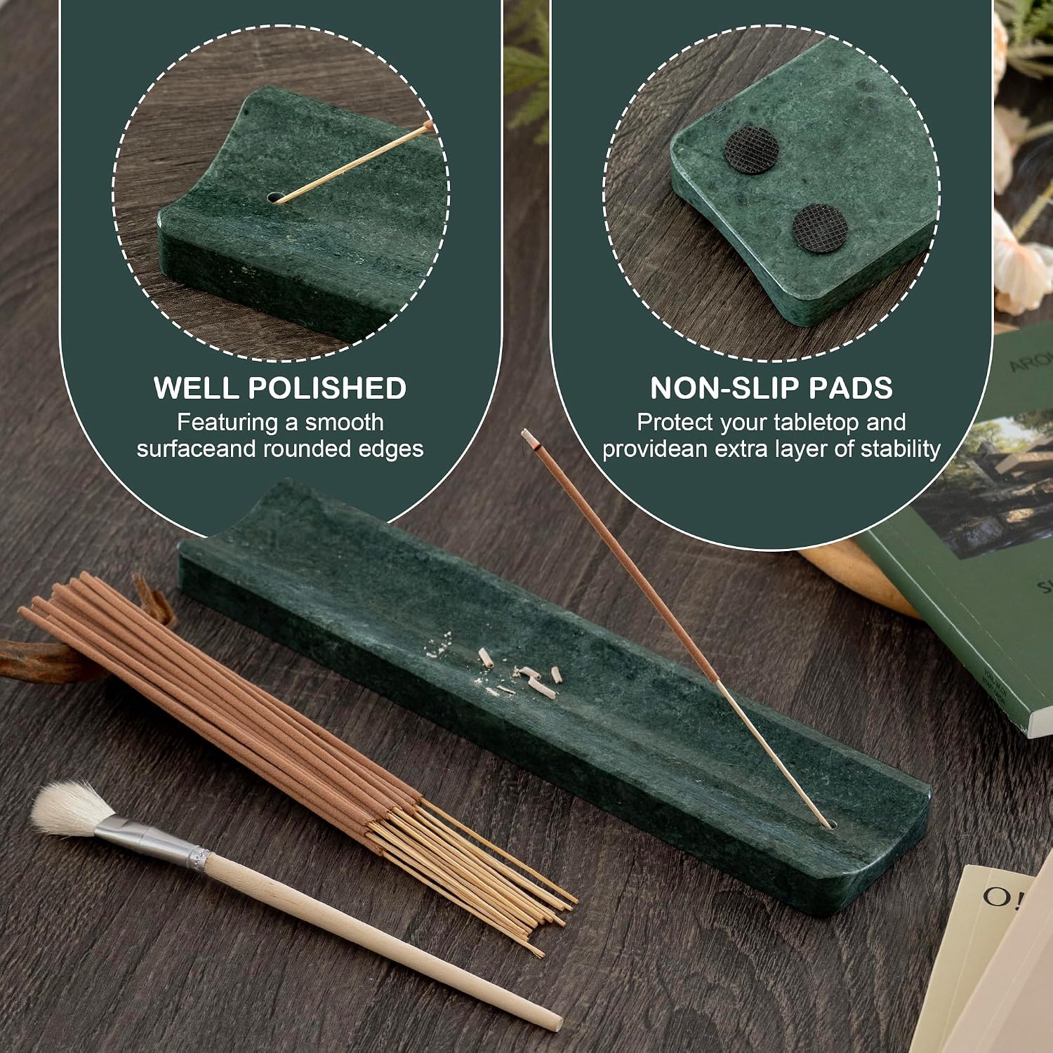 Marble Incense Holder Burner-Natural Stone Stick Incense Tray with Ash Catcher，20 Sticks & Brush - Elegant Decor for Meditation, Yoga, Home,Gift(Green)
