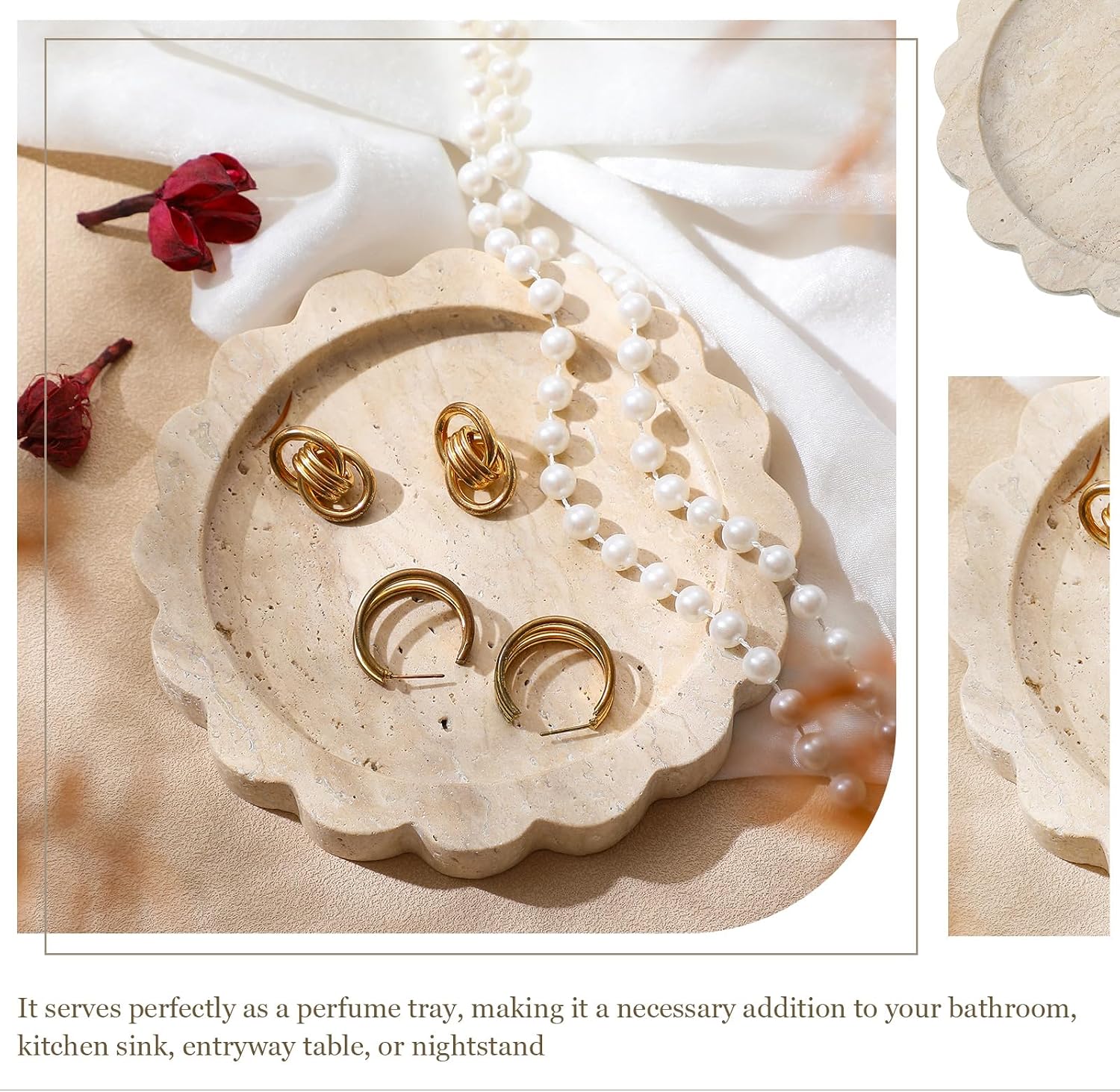 Threehoney 5.5 Inch Small Travertine Stone Tray Marble Jewelry Dish Trinket Tray for Women, Perfume, Coffee Table(Round,Scallop)